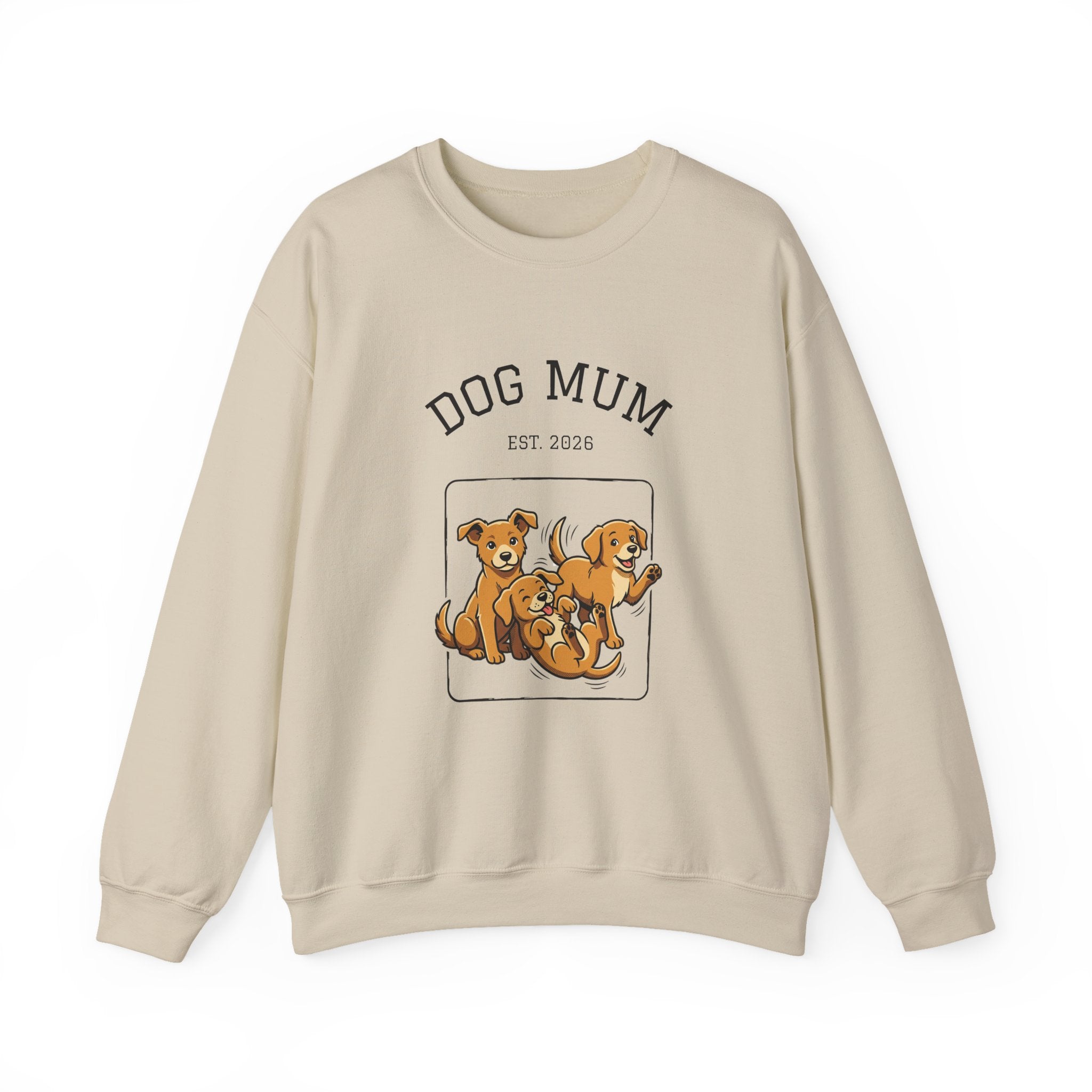 Sand dog mum crewneck sweatshirt with “DOG MUM” text and dogs graphic on front