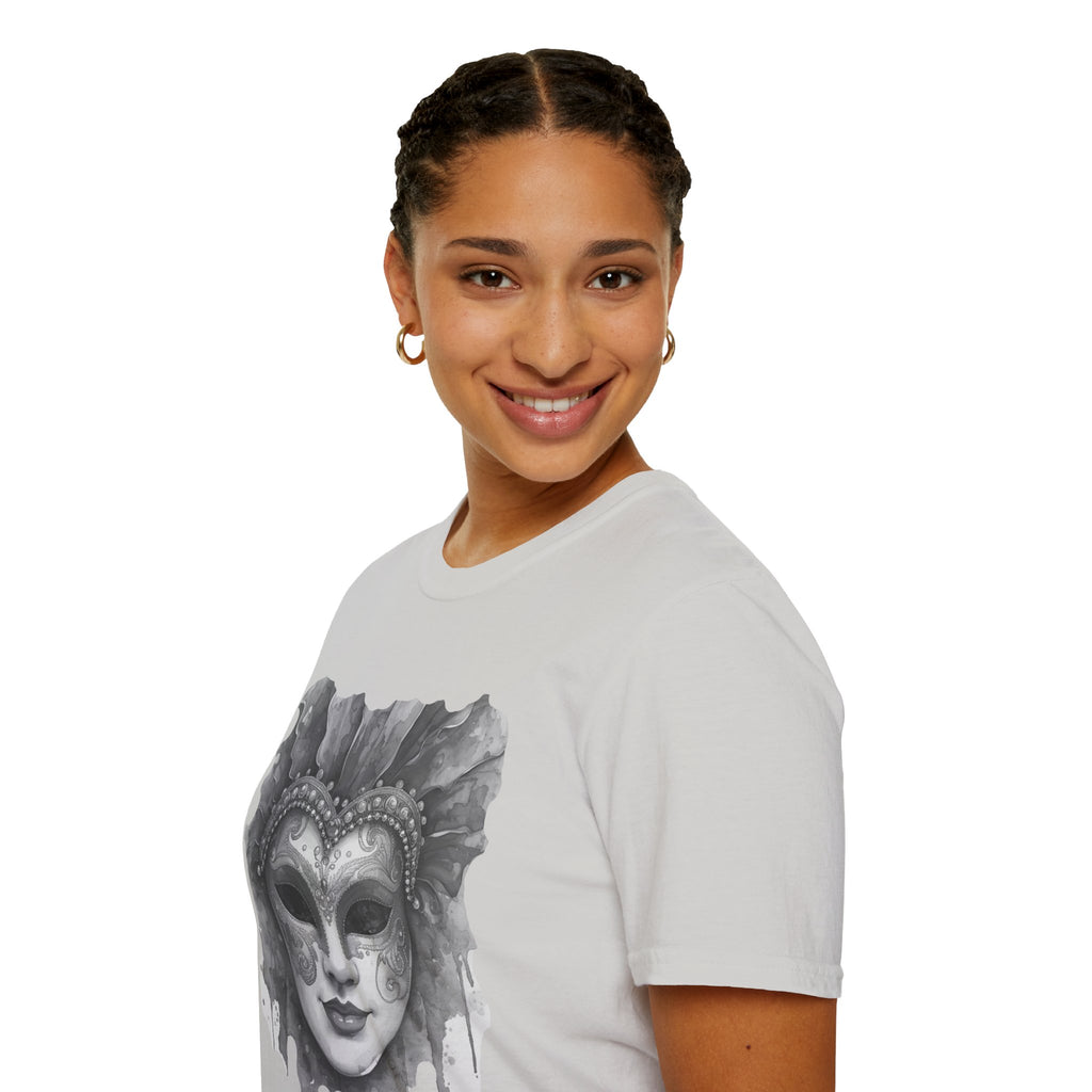 White crewneck t-shirt on model, featuring grey masquerade face mask print on chest
