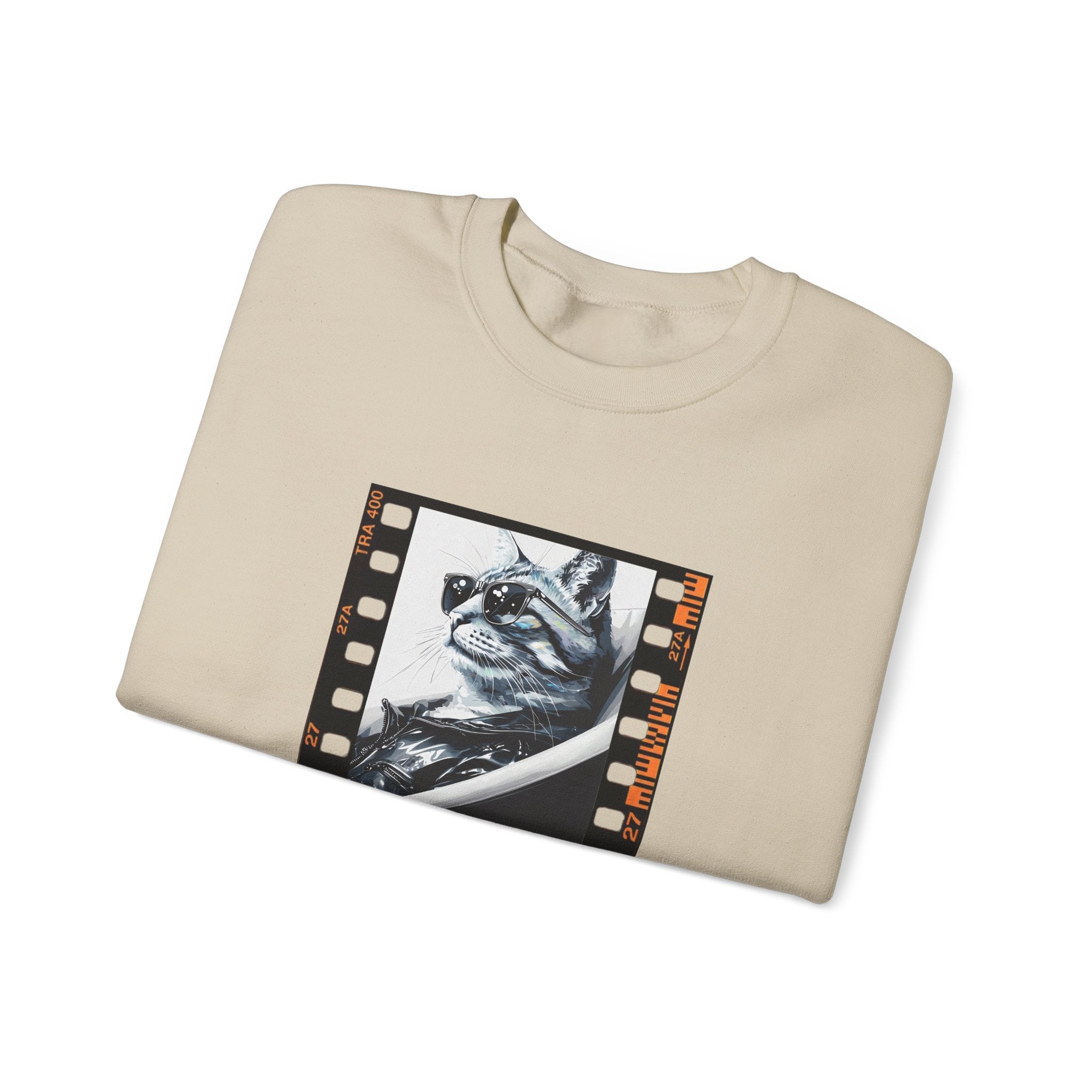 Beige crewneck sweatshirt with cat film-strip graphic on front