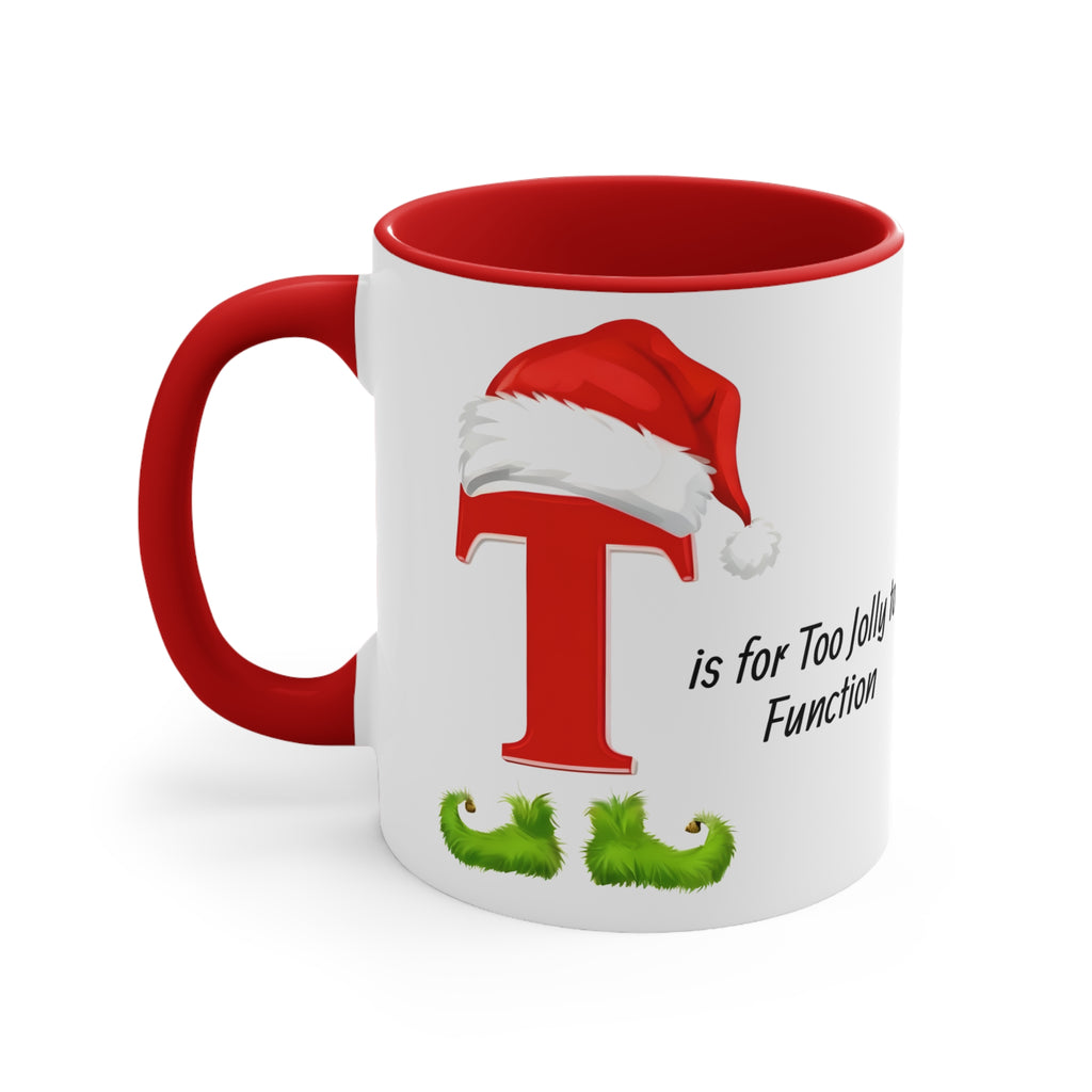 White Christmas T mug with red T and Santa hat, red handle and rim