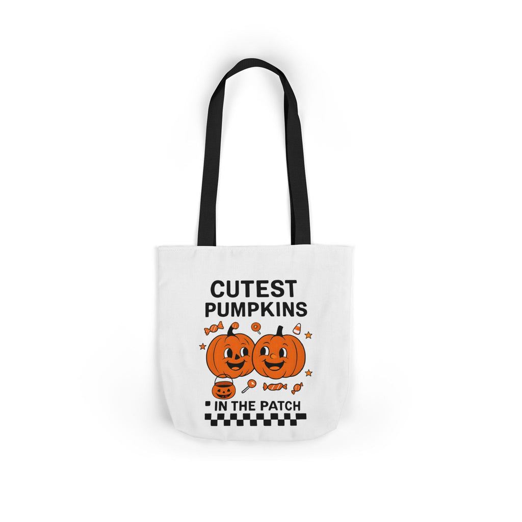 White canvas tote bag with black handles and 'CUTEST PUMPKINS IN THE PATCH' pumpkin print.