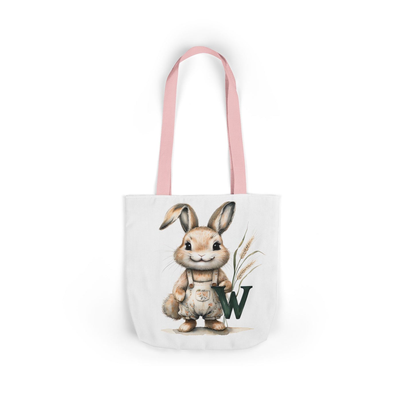 Whimsical Letter W Bunny Canvas Tote Bag with 5-Color Straps, Cute Farm Animal Bag, Eco-Friendly Shopping Tote, Easter Gift, Kids/Adult Tote