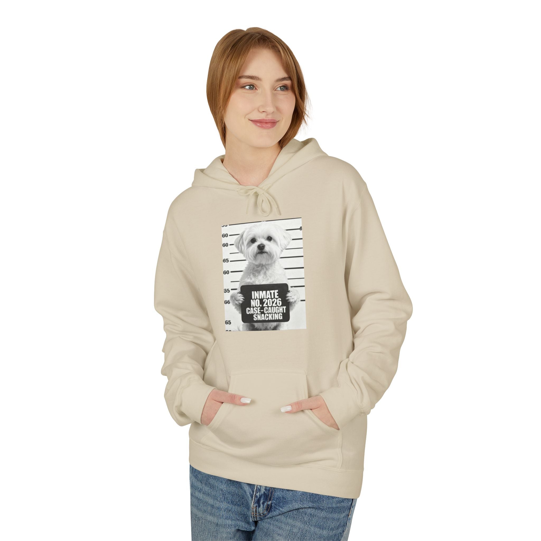 Sand hoodie with kangaroo pocket and dog mugshot graphic on chest