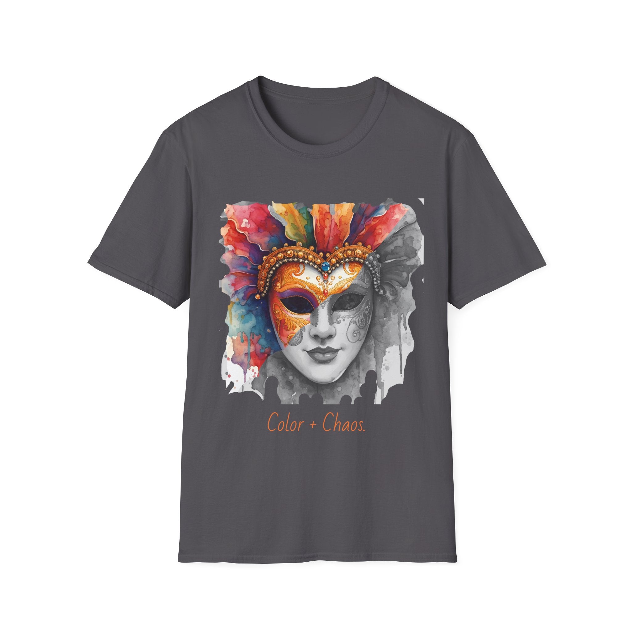 Dark gray face graphic T-shirt with watercolor masquerade mask print on front