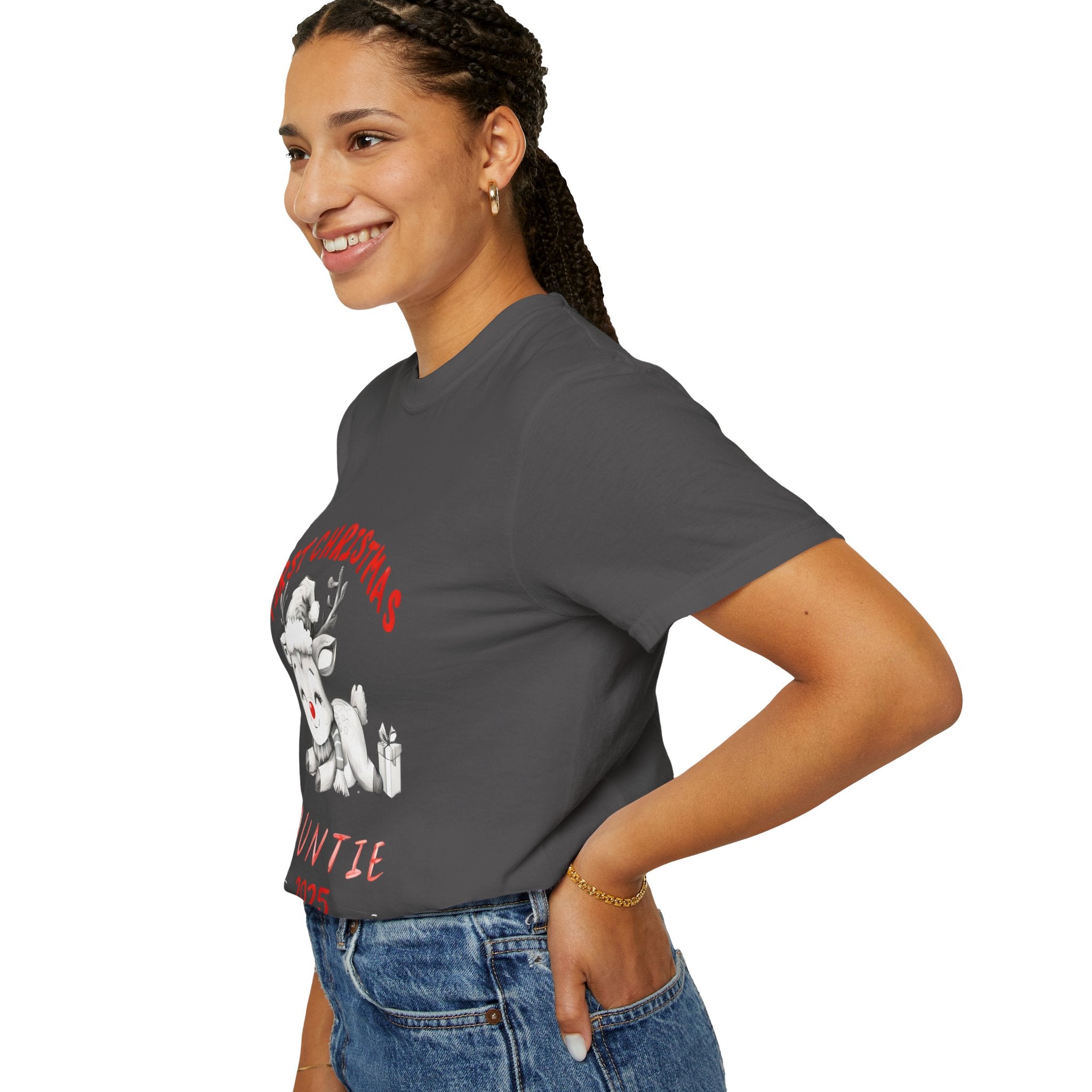 Dark gray T-shirt side view on model, reindeer “First Christmas” text print