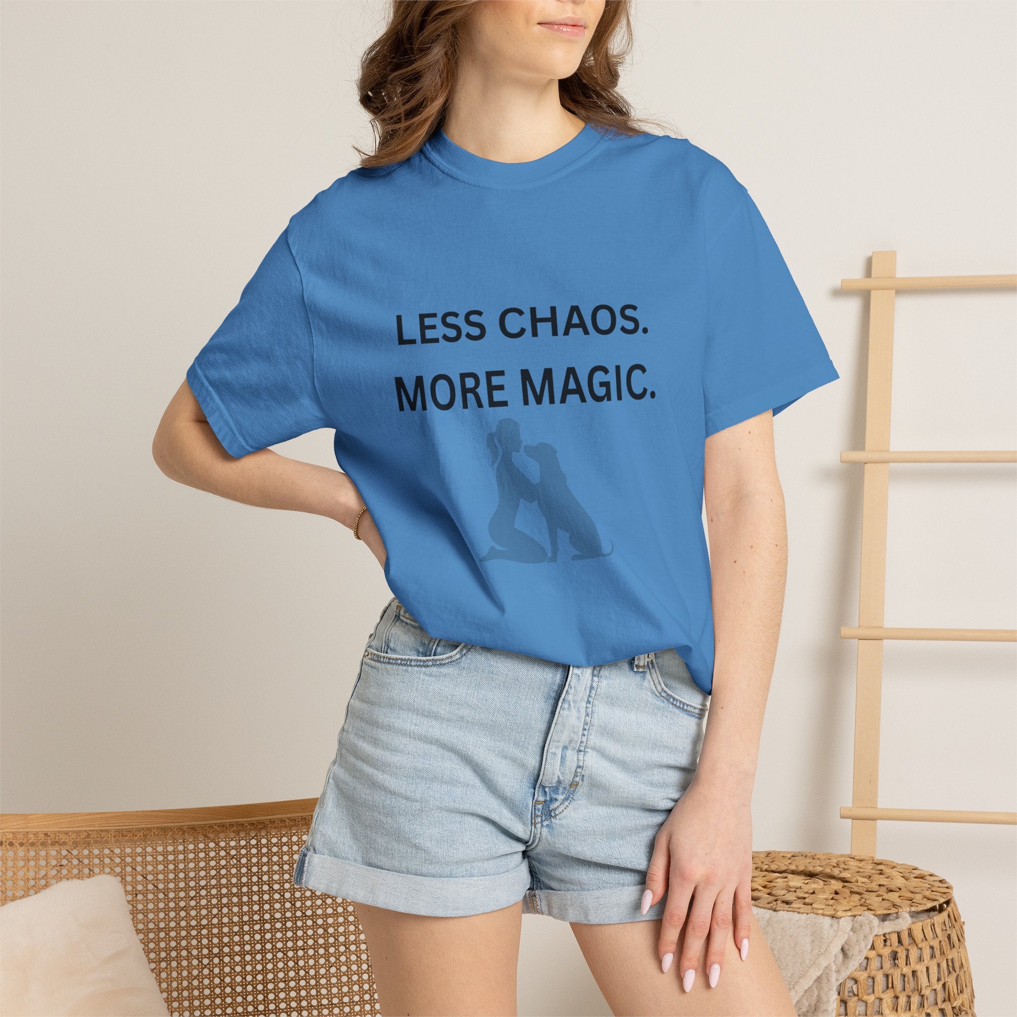 Less Chaos, More Magic T-Shirt — Woman + Dog Silhouette Graphic Tee