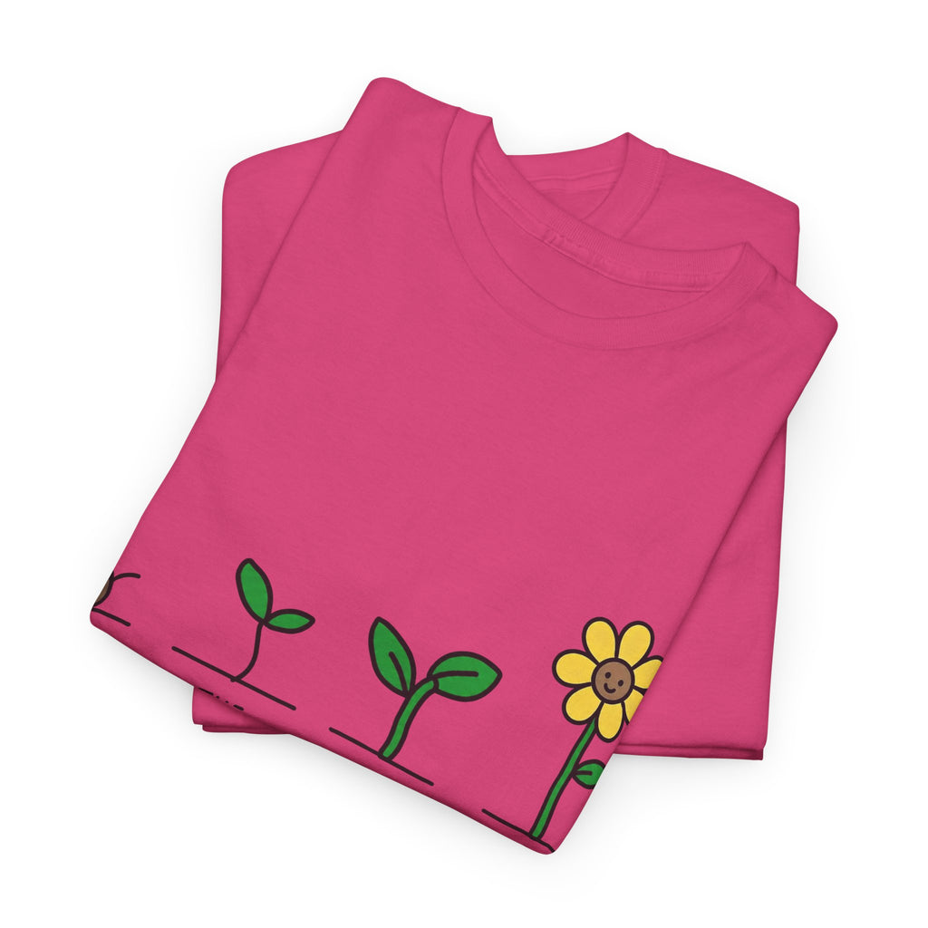 Pink crew-neck T-shirt with green plant and yellow flower graphic