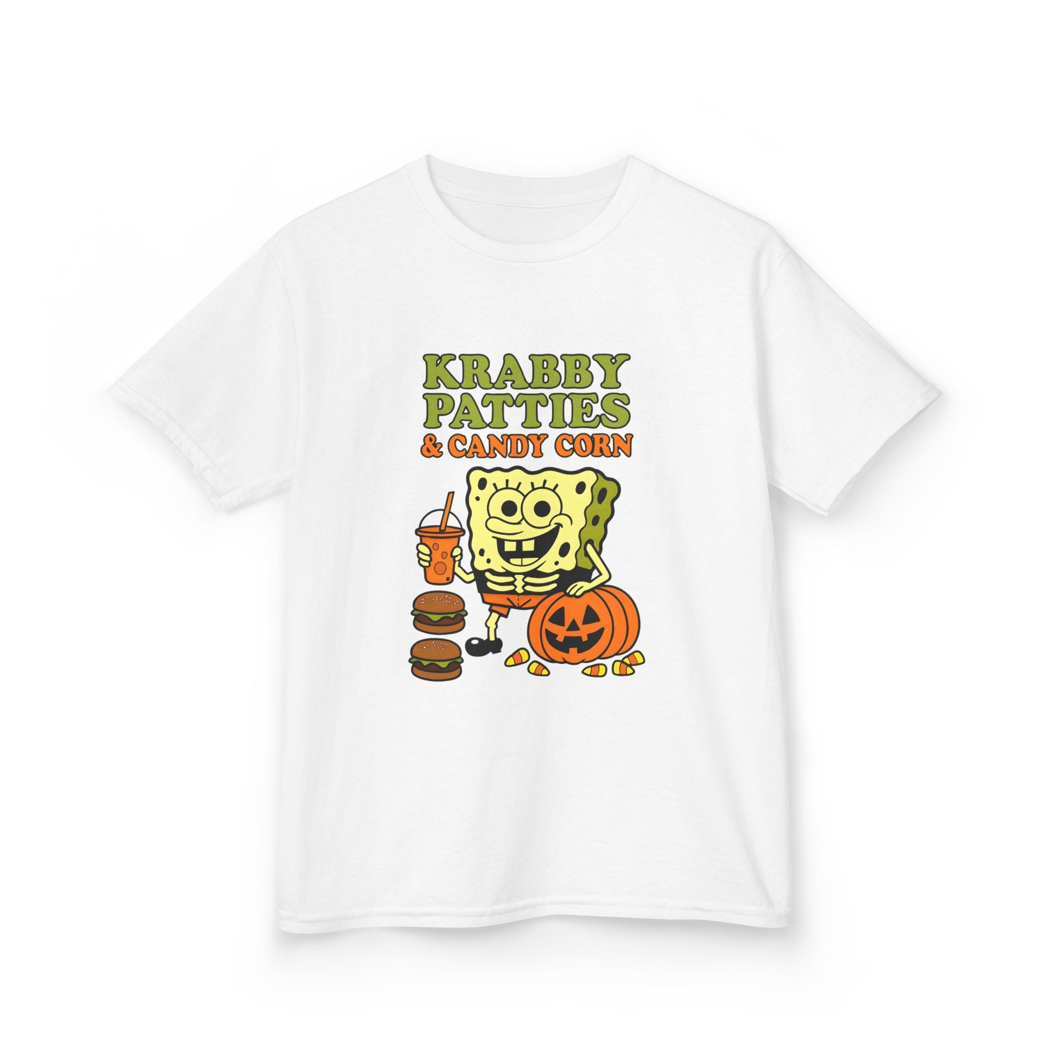 White kids graphic crewneck T-shirt with Krabby Patties & Candy Corn front design