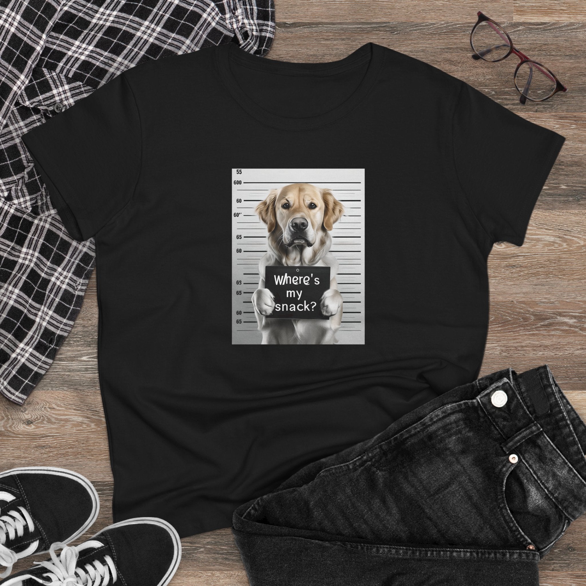 Black dog graphic T-shirt with centered “where’s my snack?” text
