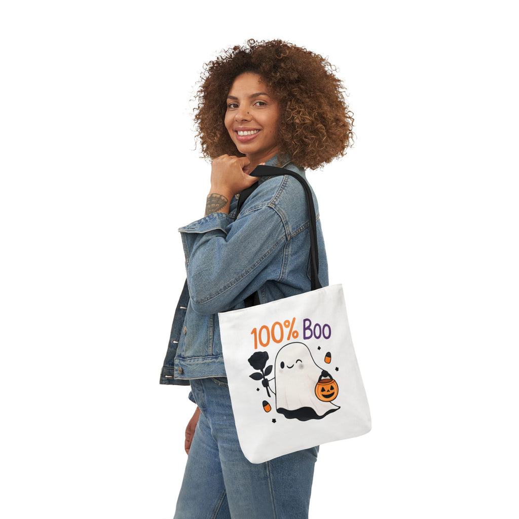 White canvas tote bag with black handles, ghost graphic and '100% Boo' print