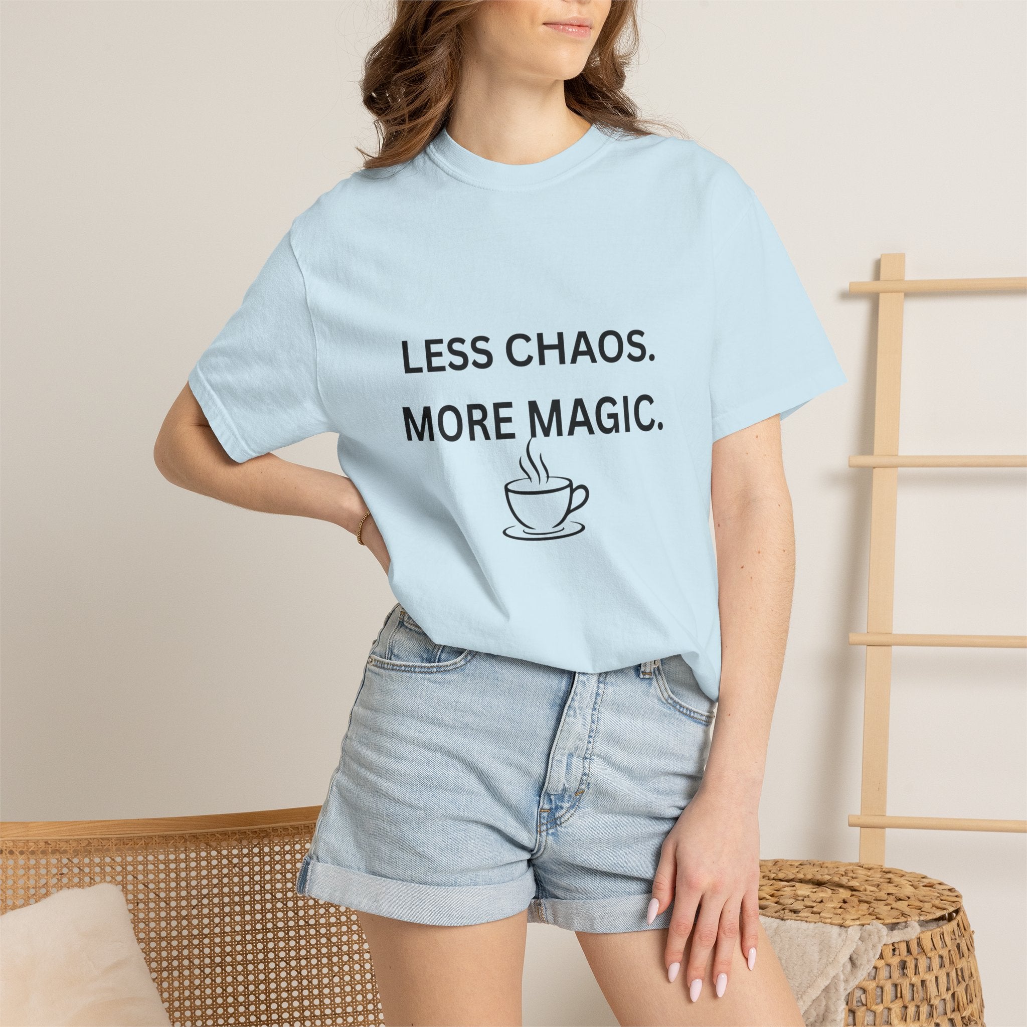 Less Chaos, More Magic T-Shirt — Cozy Coffee Cup Graphic Tee