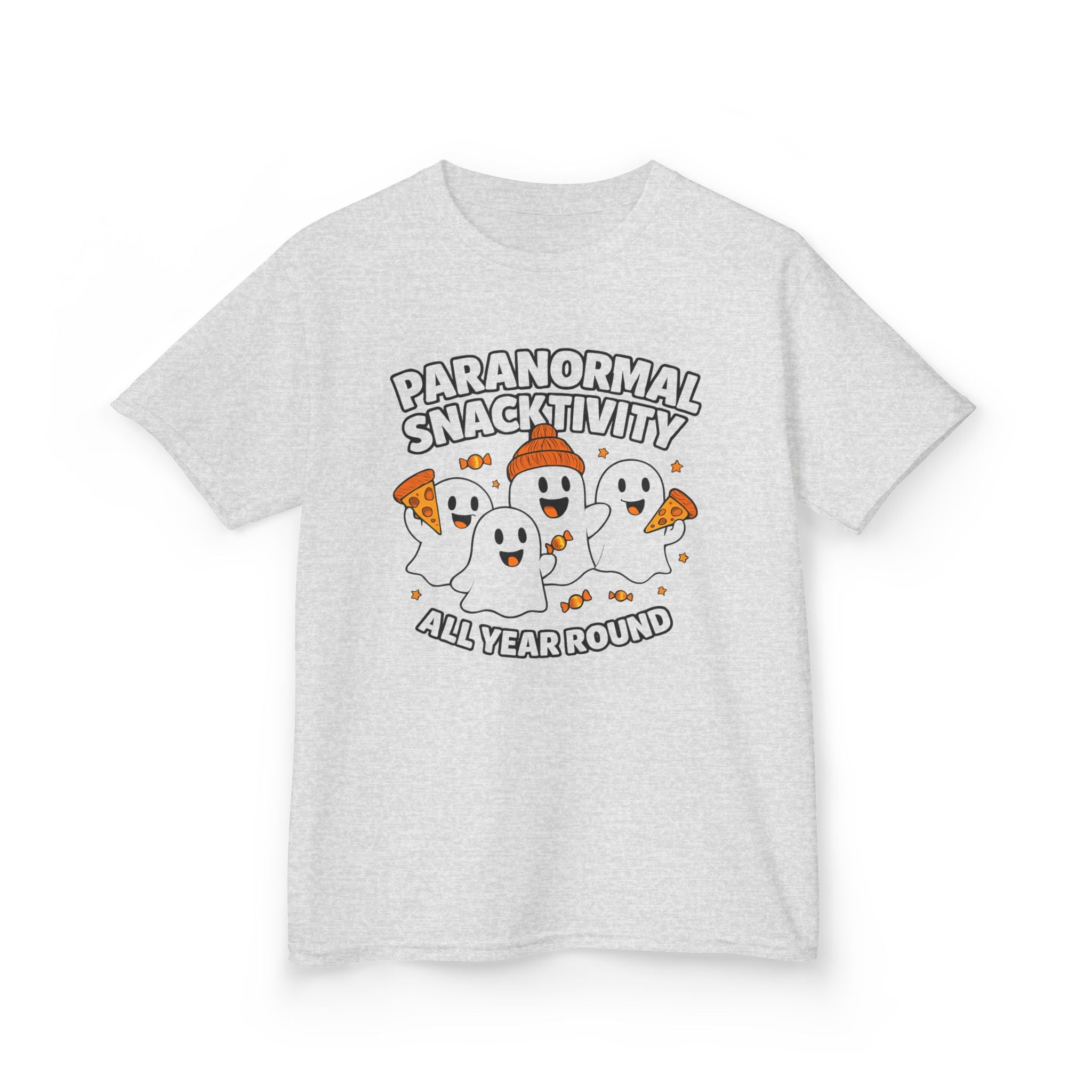 Kids ash gray T-shirt with ghost graphic and “All year round” slogan