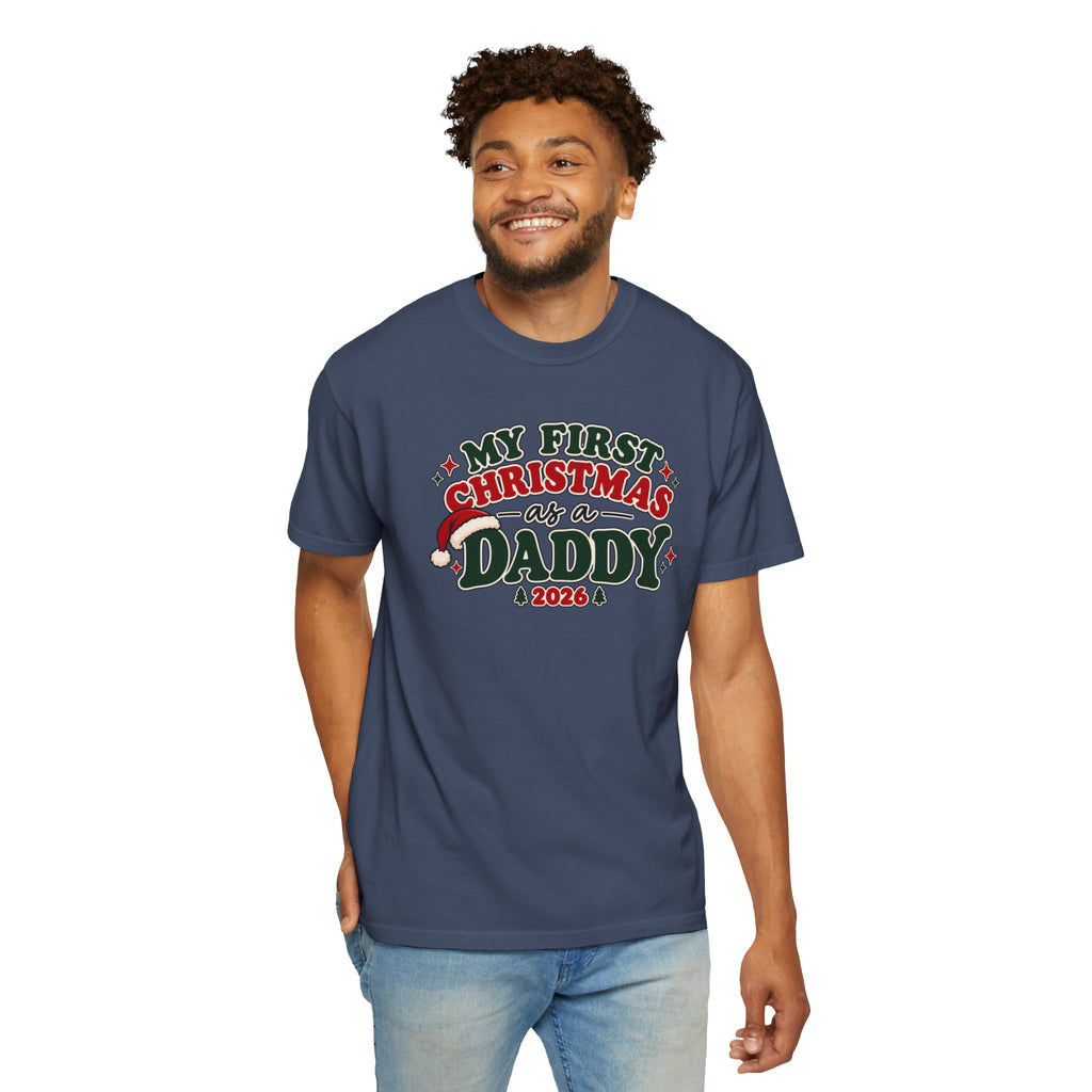 Navy crew-neck T-shirt on model with “My First Christmas as a Daddy 2026” graphic