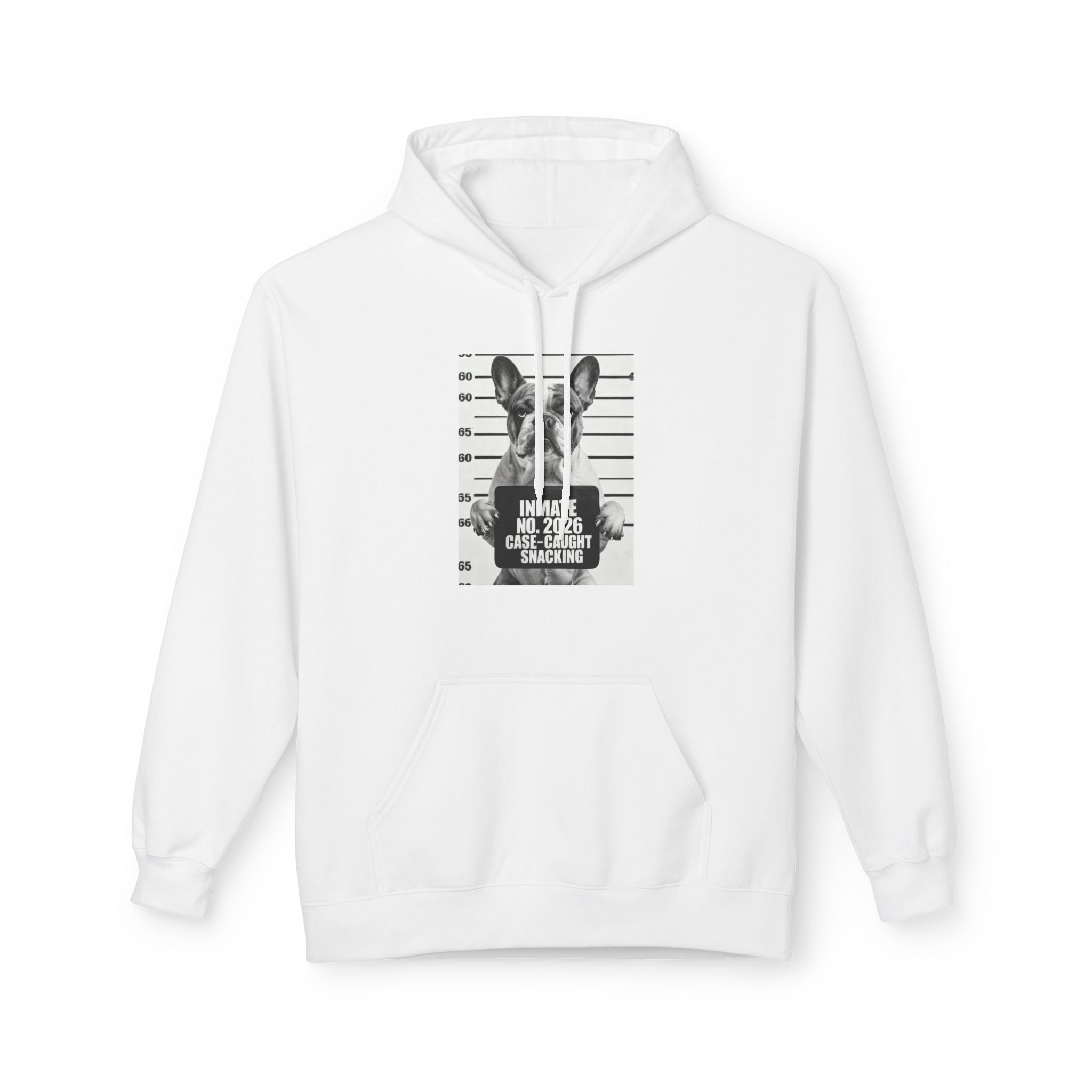 White hoodie with kangaroo pocket and French bulldog graphic print