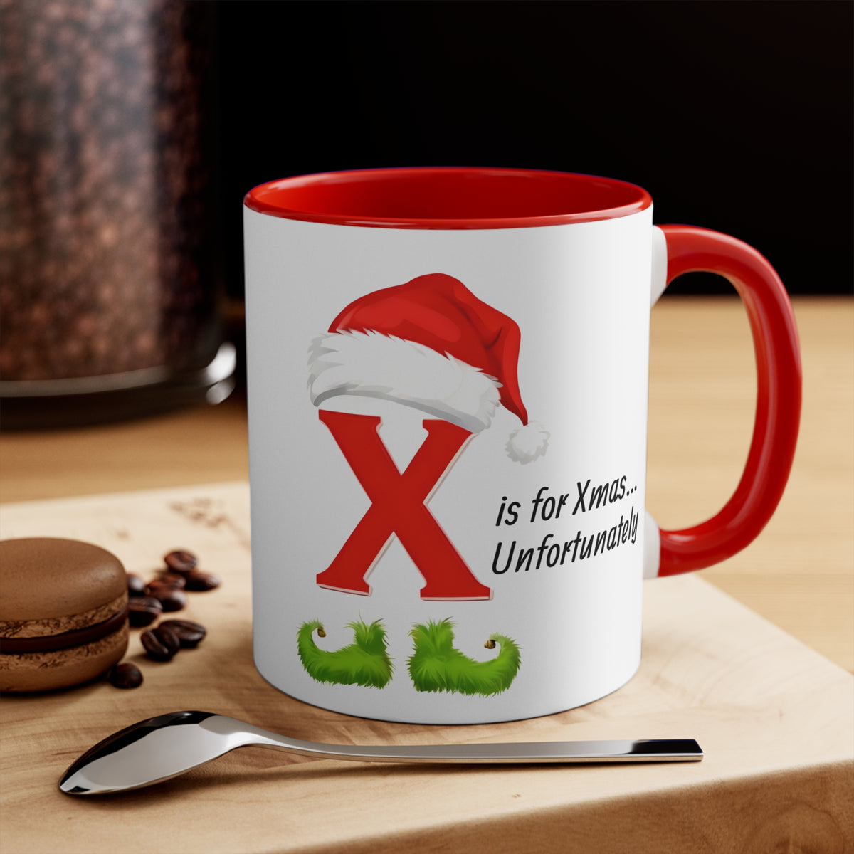 Christmas letter X mug, white with red inside and handle; red X, Santa hat, and “Unfortunat...” text.