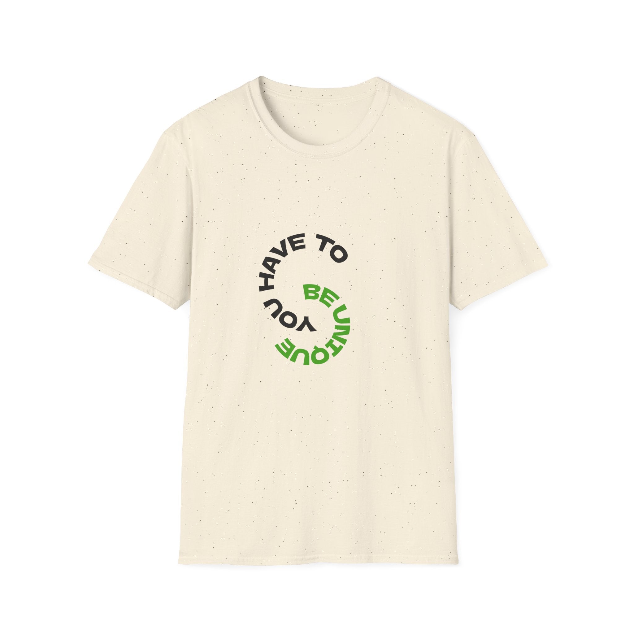 Unisex graphic T-shirt in natural off-white with green and black circular typographic logo