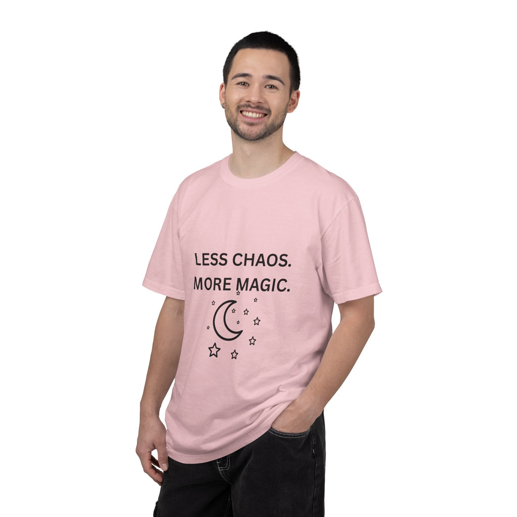Less Chaos, More Magic T-Shirt — Crescent Moon + Stars Graphic Tee