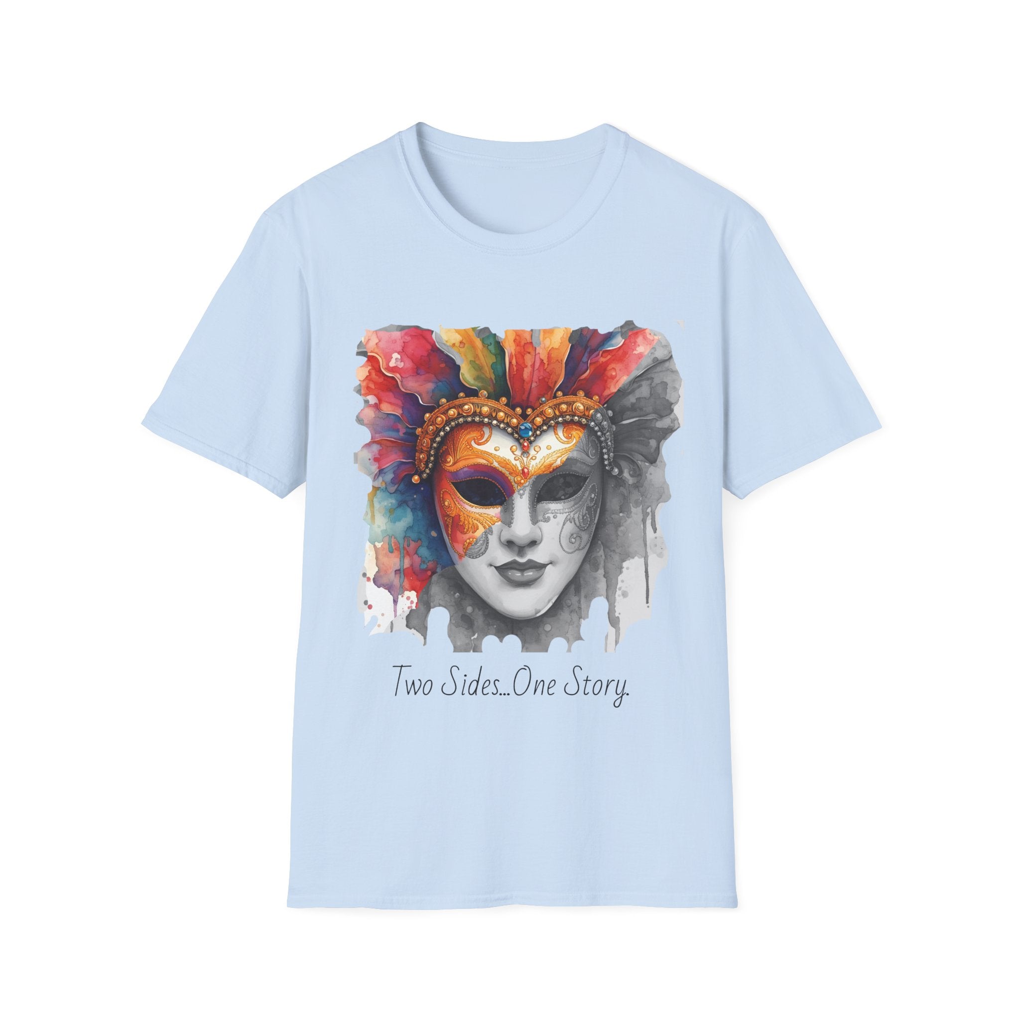 Light blue face T-shirt with watercolor masquerade mask graphic and “Two Sides…One Story”