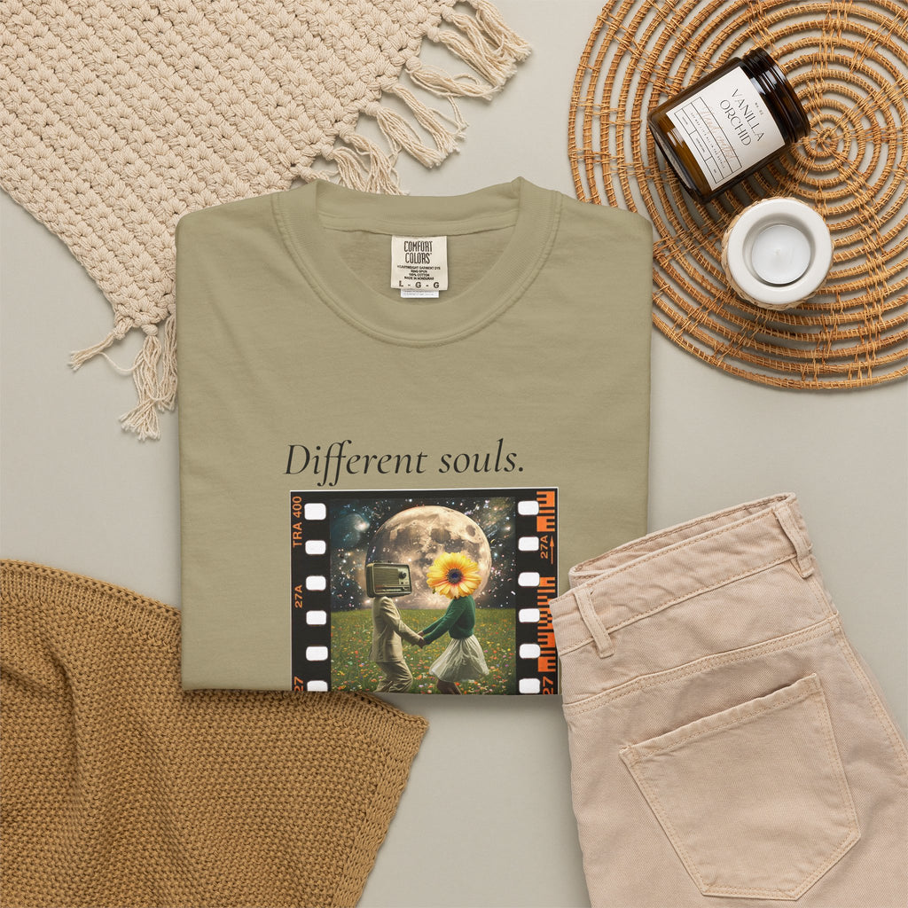 Olive crew-neck short-sleeve tee, folded, with filmstrip sunflower graphic