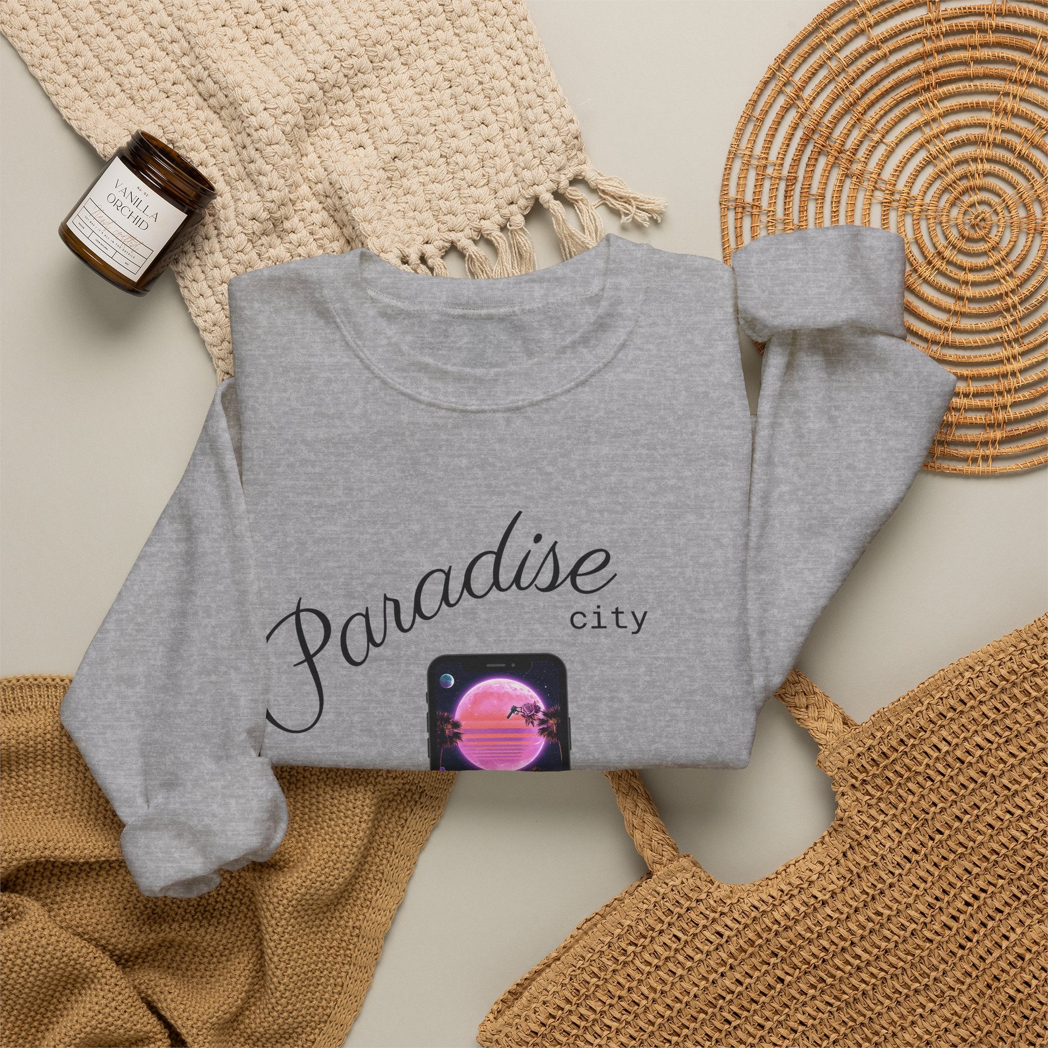 Sport grey crewneck sweatshirt front view with phone sunset graphic and cursive text