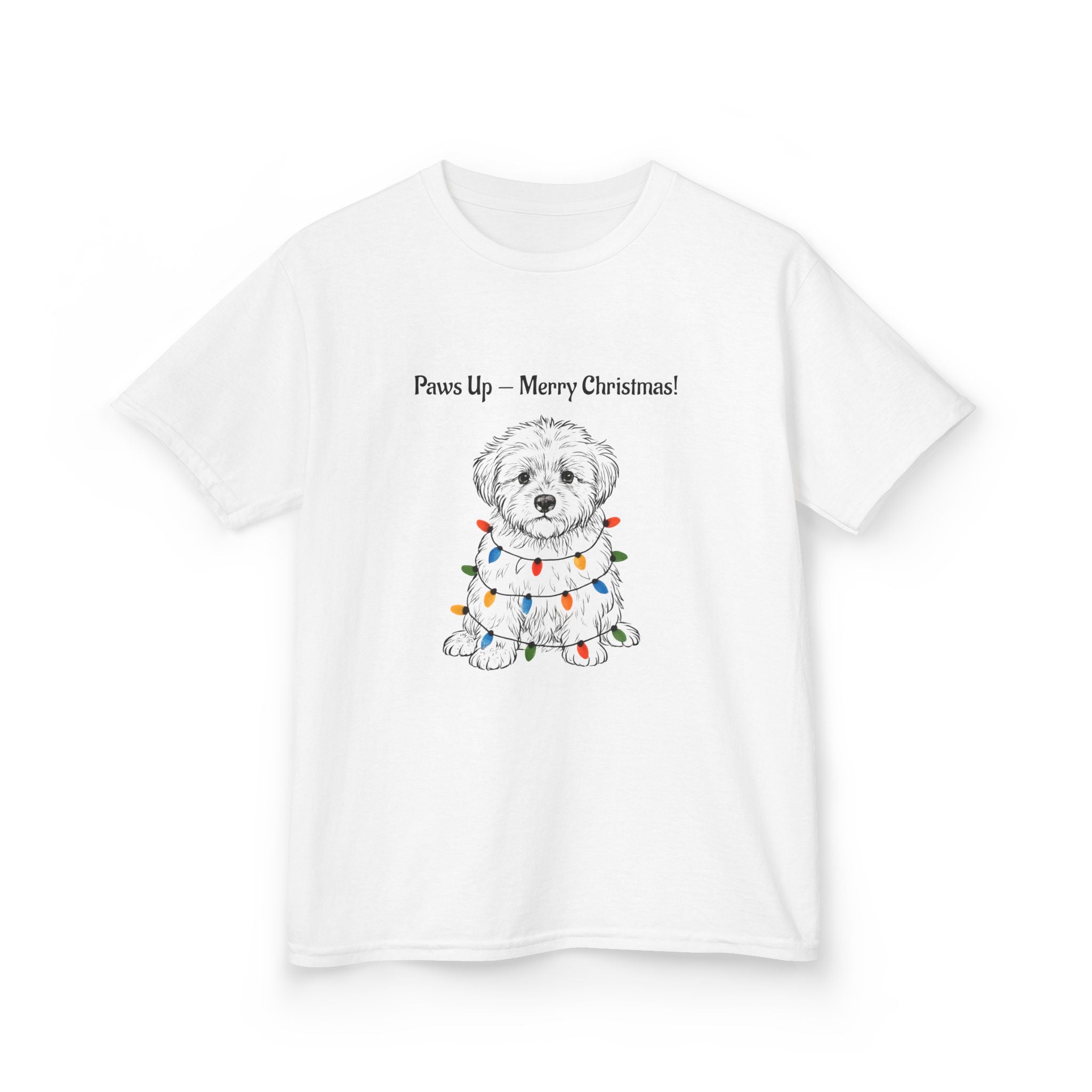 White kids heavy cotton tee with 'Paws Up — Merry Christmas!' dog graphic
