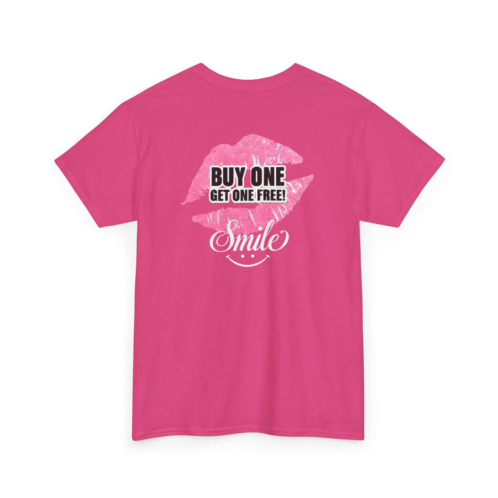 Smile Lip Print Tee — "Buy One Get One Free" Graphic T-Shirt Back Print