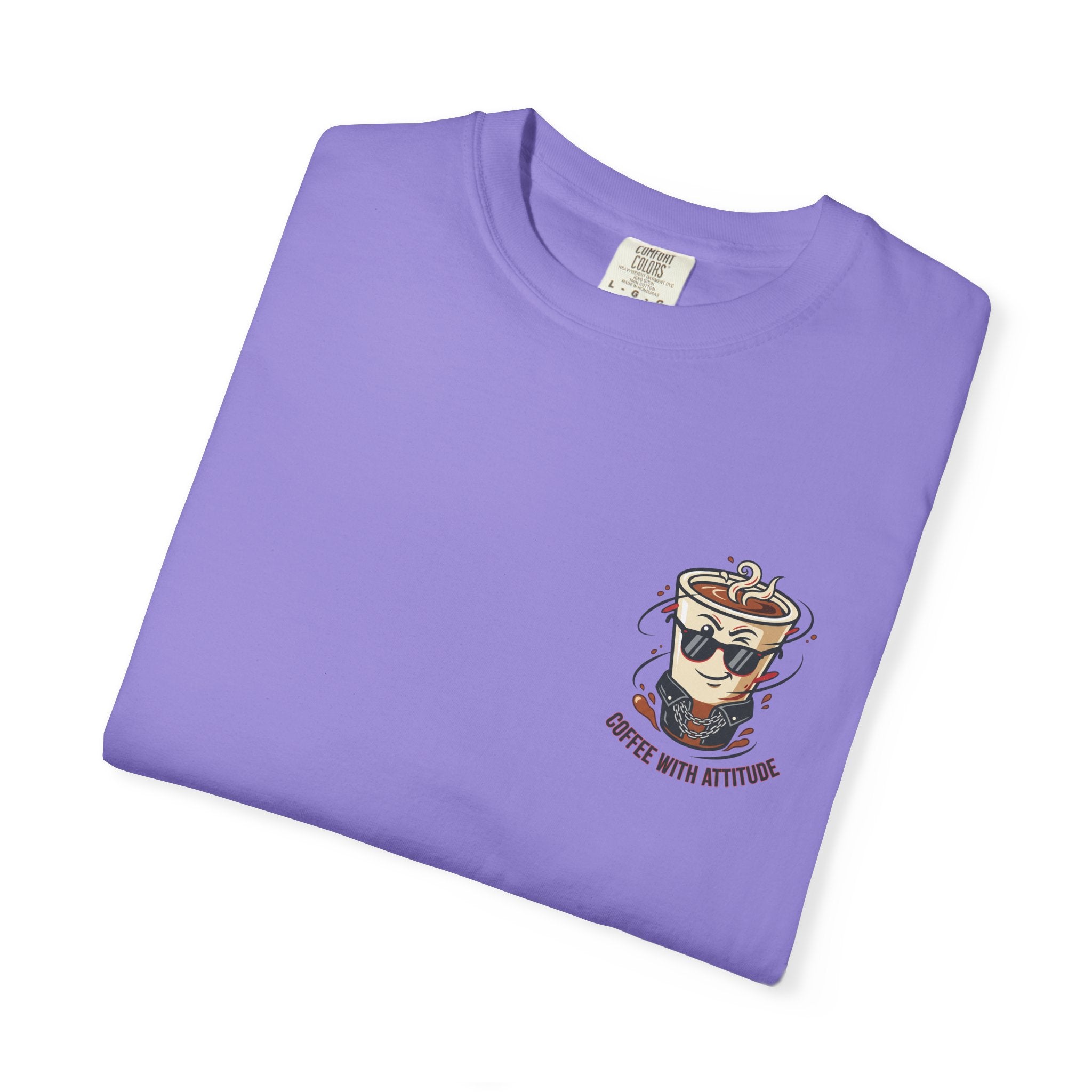 Mum T-shirt, lavender purple crewneck with coffee attitude graphic on chest