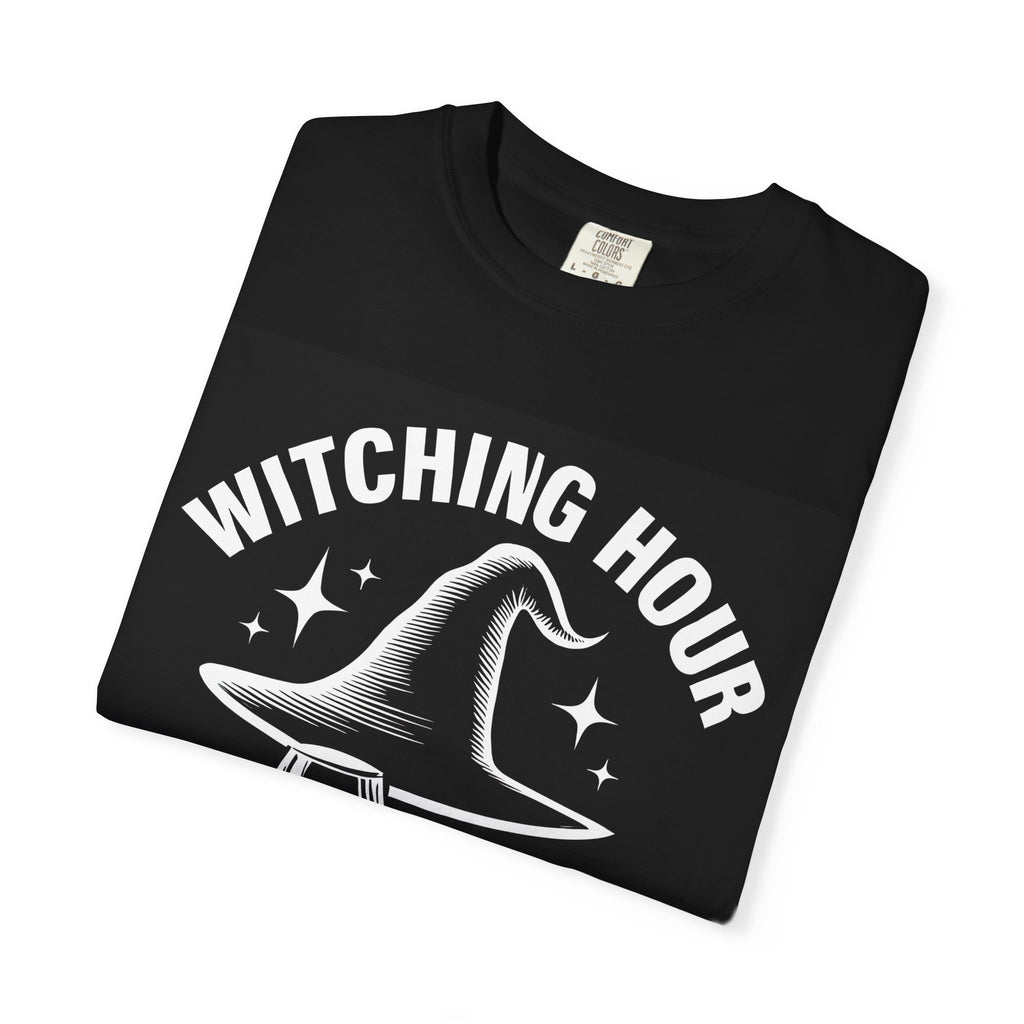 Black crew-neck T-shirt with large witch-hat and star graphic
