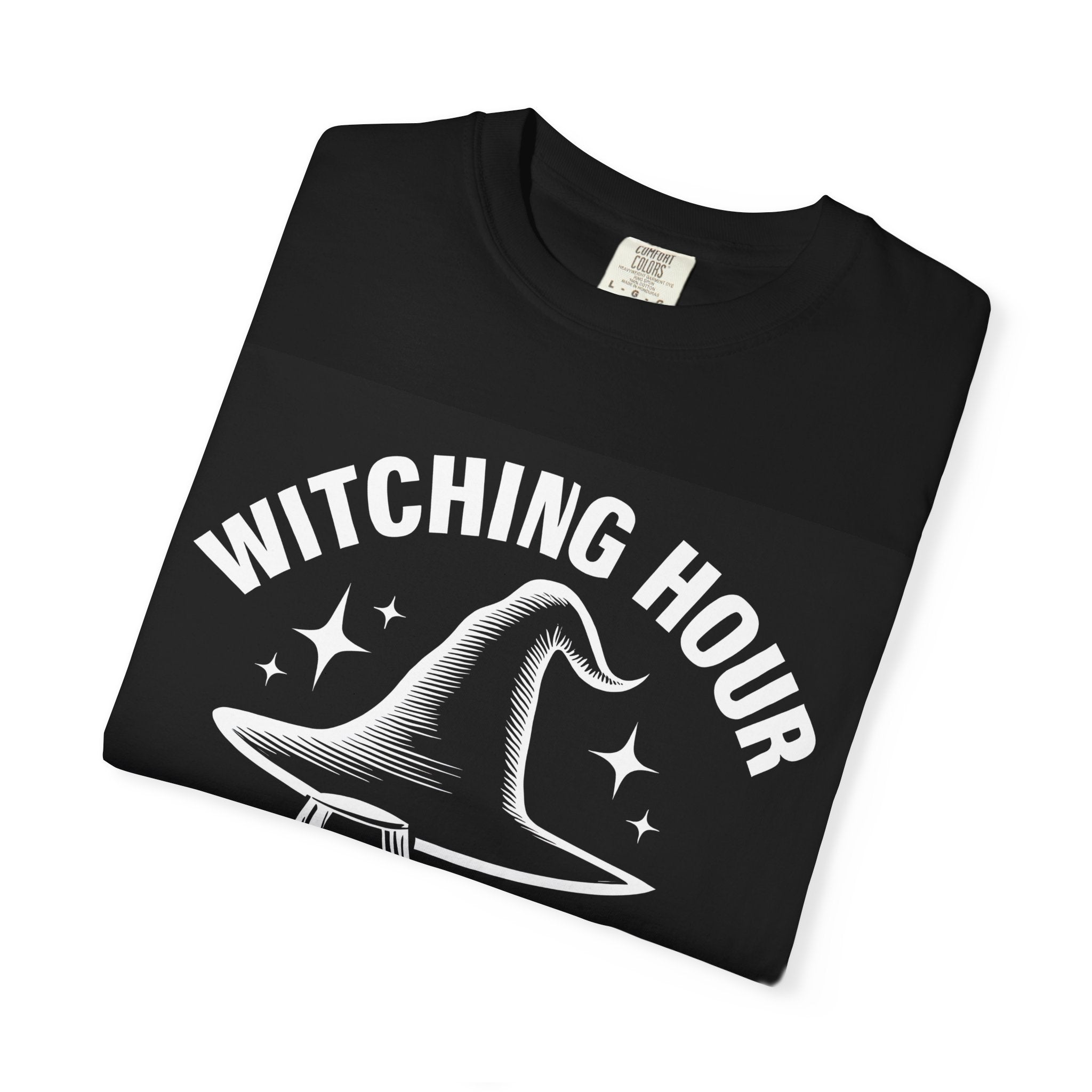 Black crew-neck T-shirt with large witch-hat and star graphic