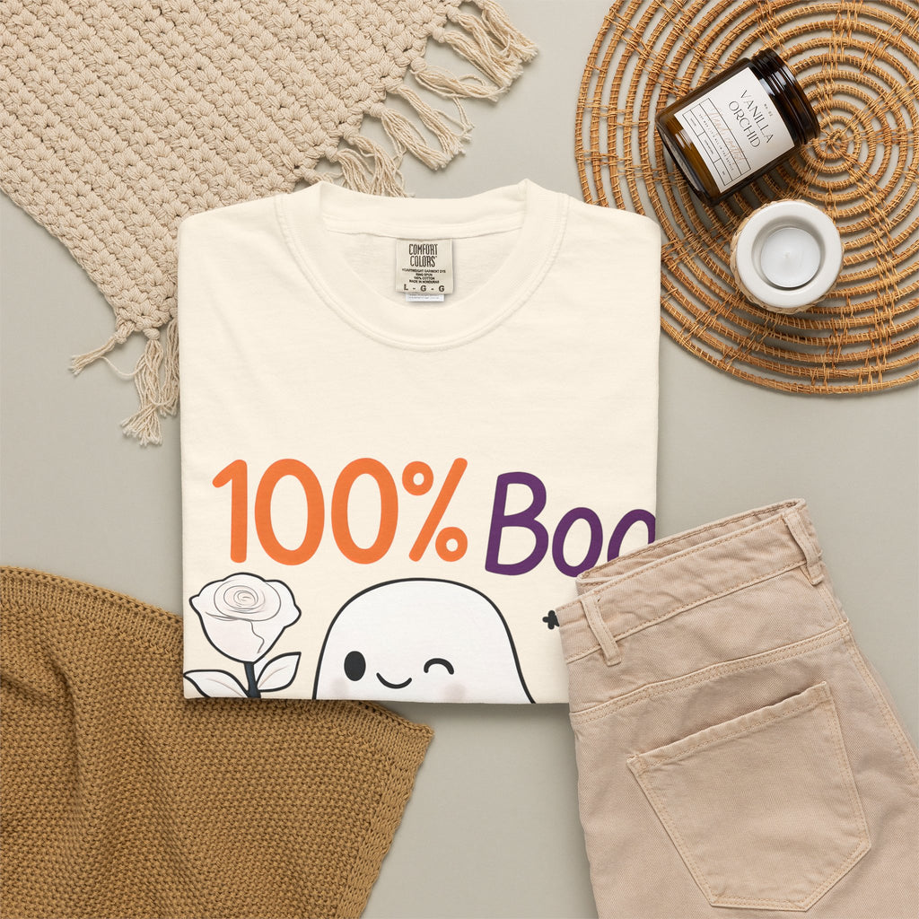 White t-shirt with '100% Boo' ghost and pumpkin graphic, folded flat lay