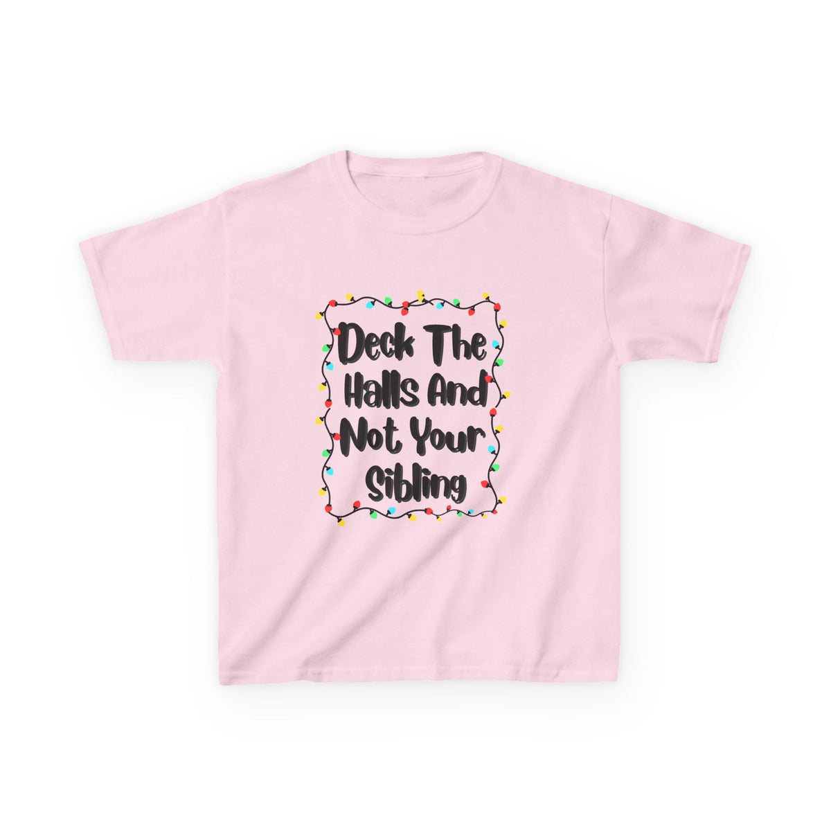 Light pink kids T-shirt with colorful wreath light graphic and "Deck the Halls"