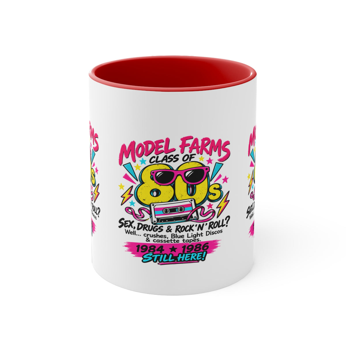 Red interior ceramic coffee mug with colorful retro farm-and-cassette graphic