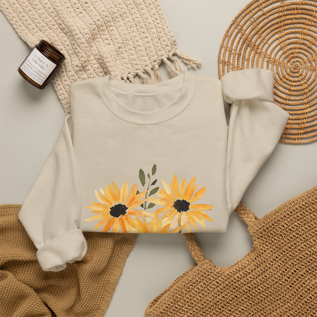 White crewneck sweatshirt with sunflower bouquet print, ribbed collar and cuffs