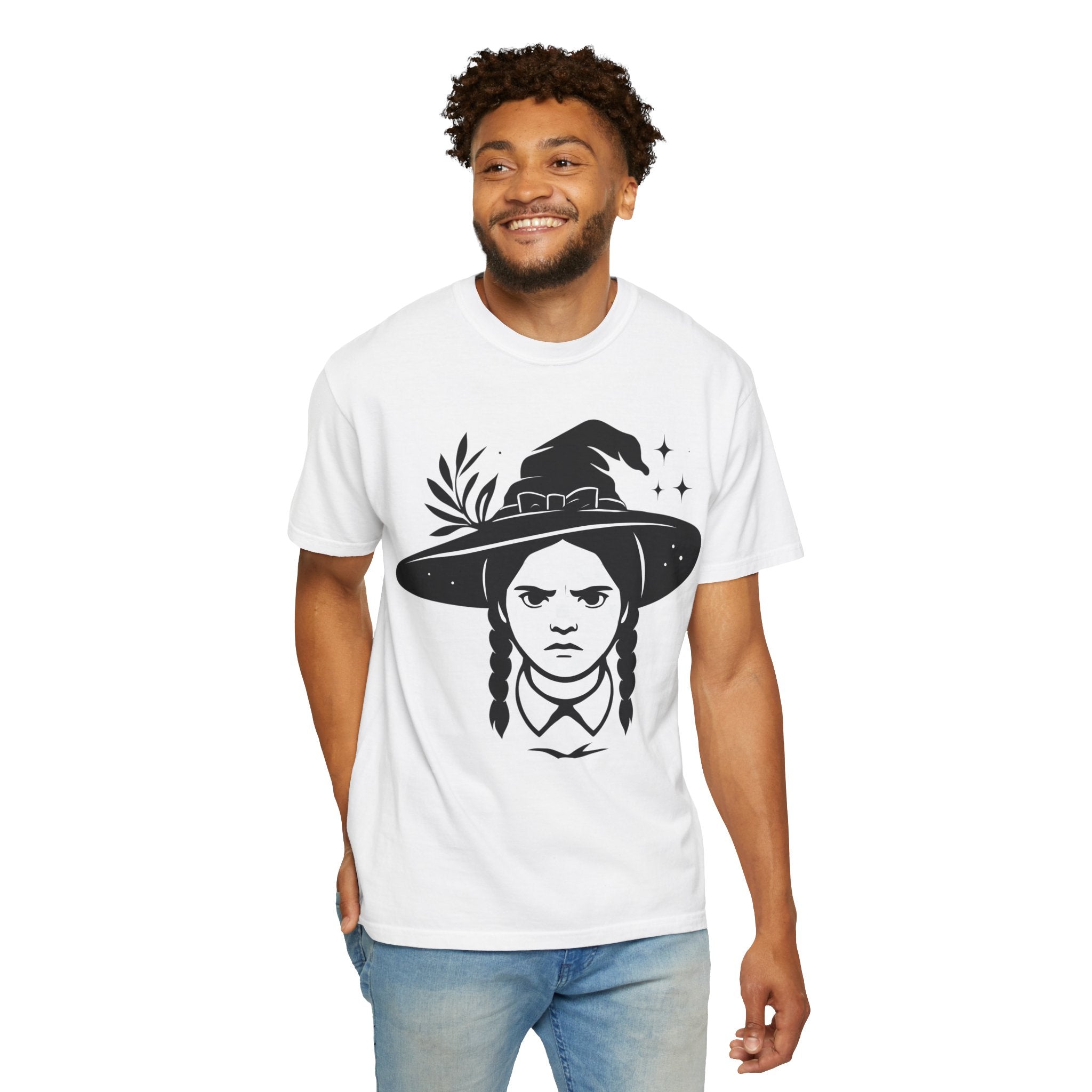 White T-shirt on model with black witch hat graphic at center chest