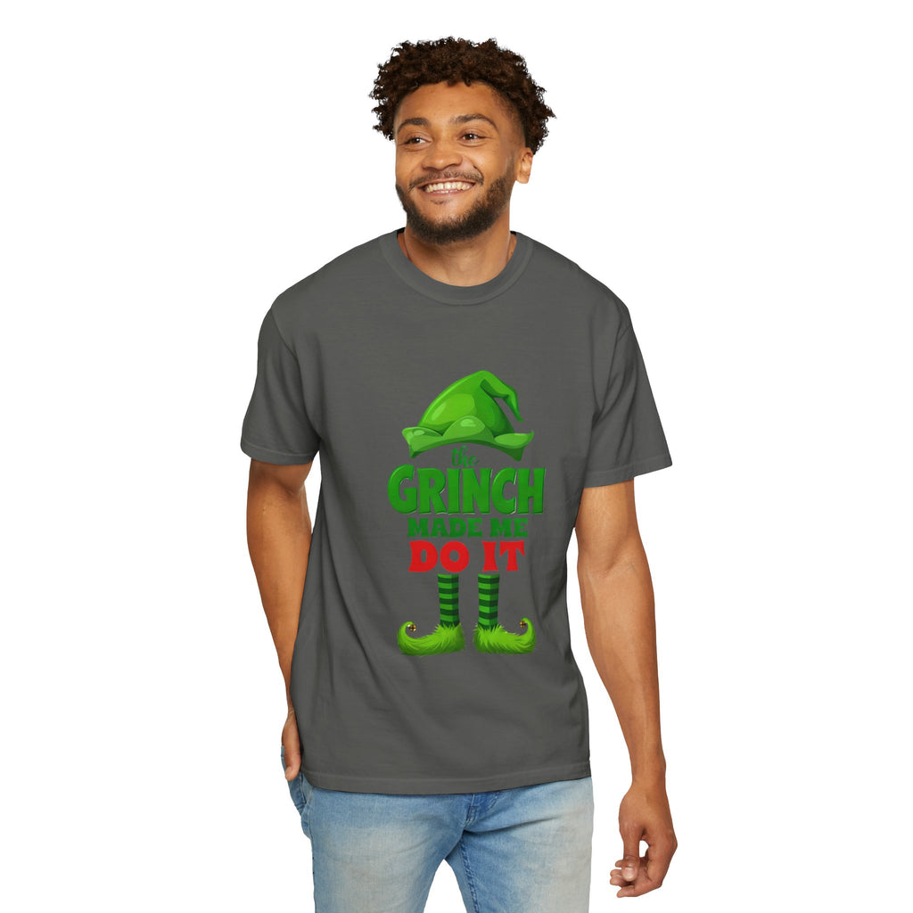 Graphite unisex T-shirt with green 'Grinch made me do it' front print, crew neck