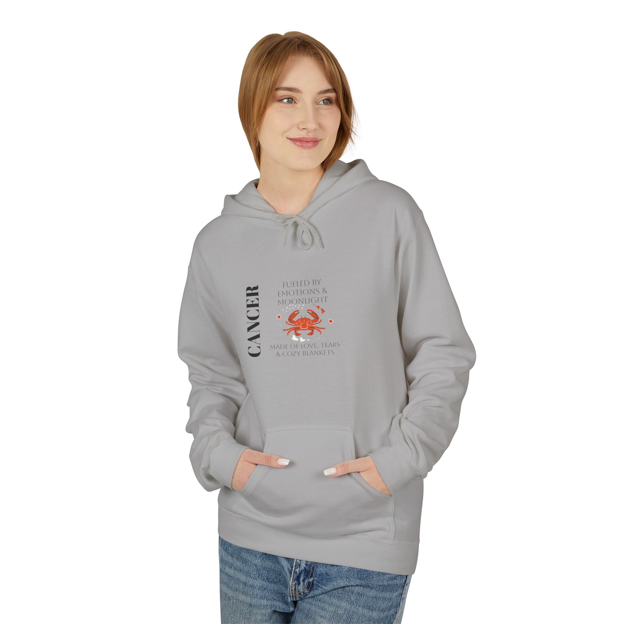 Gray hoodie on female model, Cancer crab graphic on chest and kangaroo pocket