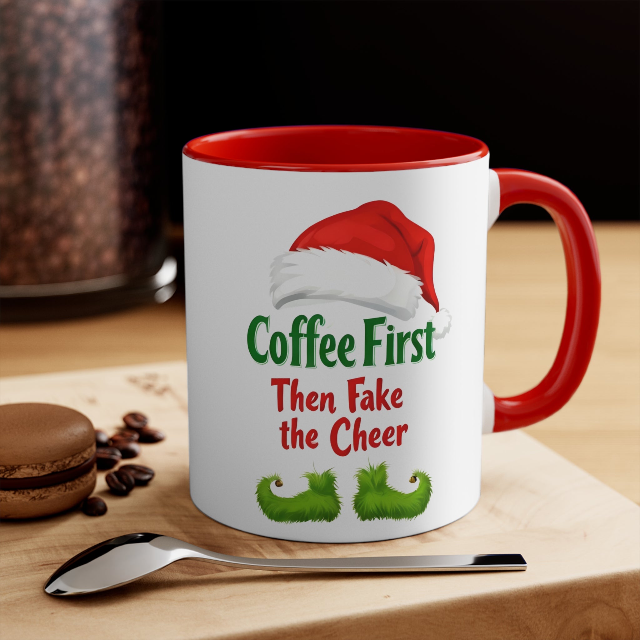 11oz Christmas accent mug, white with red handle, elf hat and “Coffee First Then Fake the Cheer”