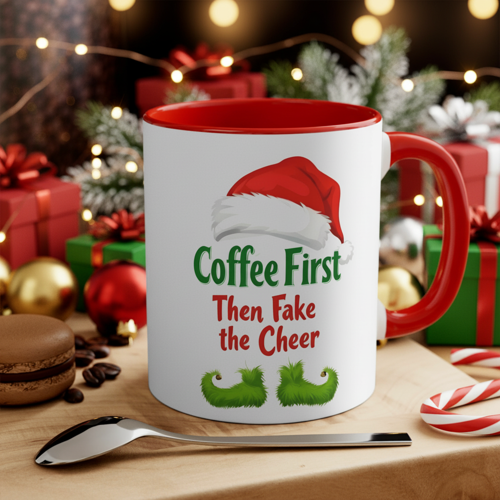 11oz Christmas accent mug, white with red handle, elf hat and “Coffee First Then Fake the Cheer”