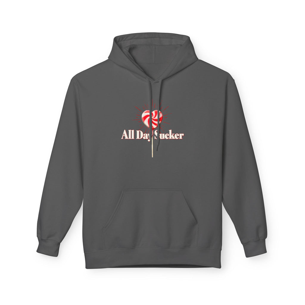Dark gray unisex hoodie with front kangaroo pocket, drawstring hood, and lollipop graphic