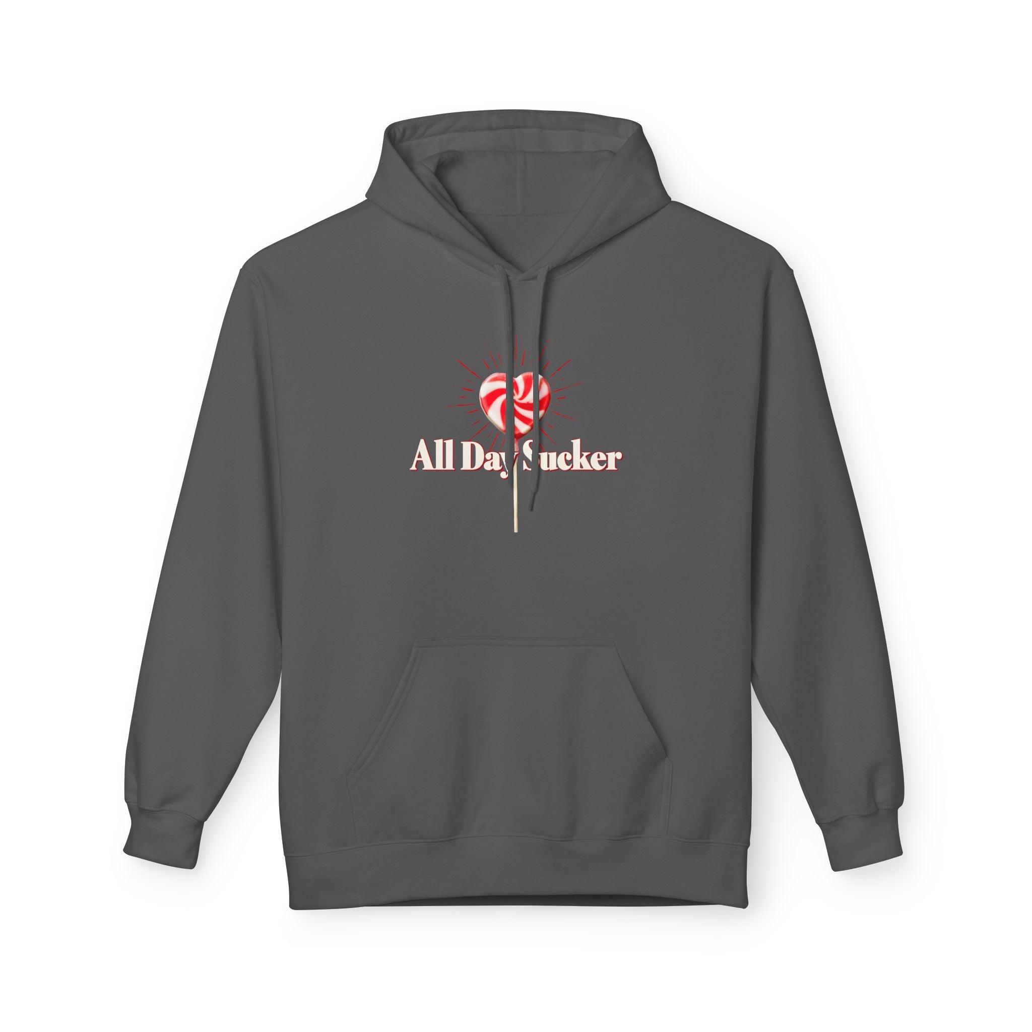 Dark gray unisex hoodie with front kangaroo pocket, drawstring hood, and lollipop graphic