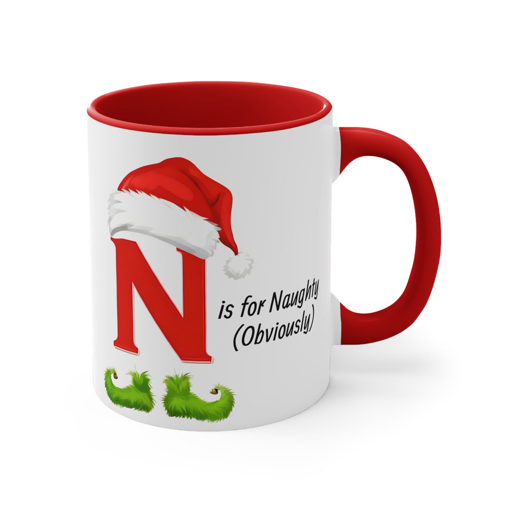 Red handled ceramic mug featuring red letter N, Santa hat, green mustache, “is for Naughty”.
