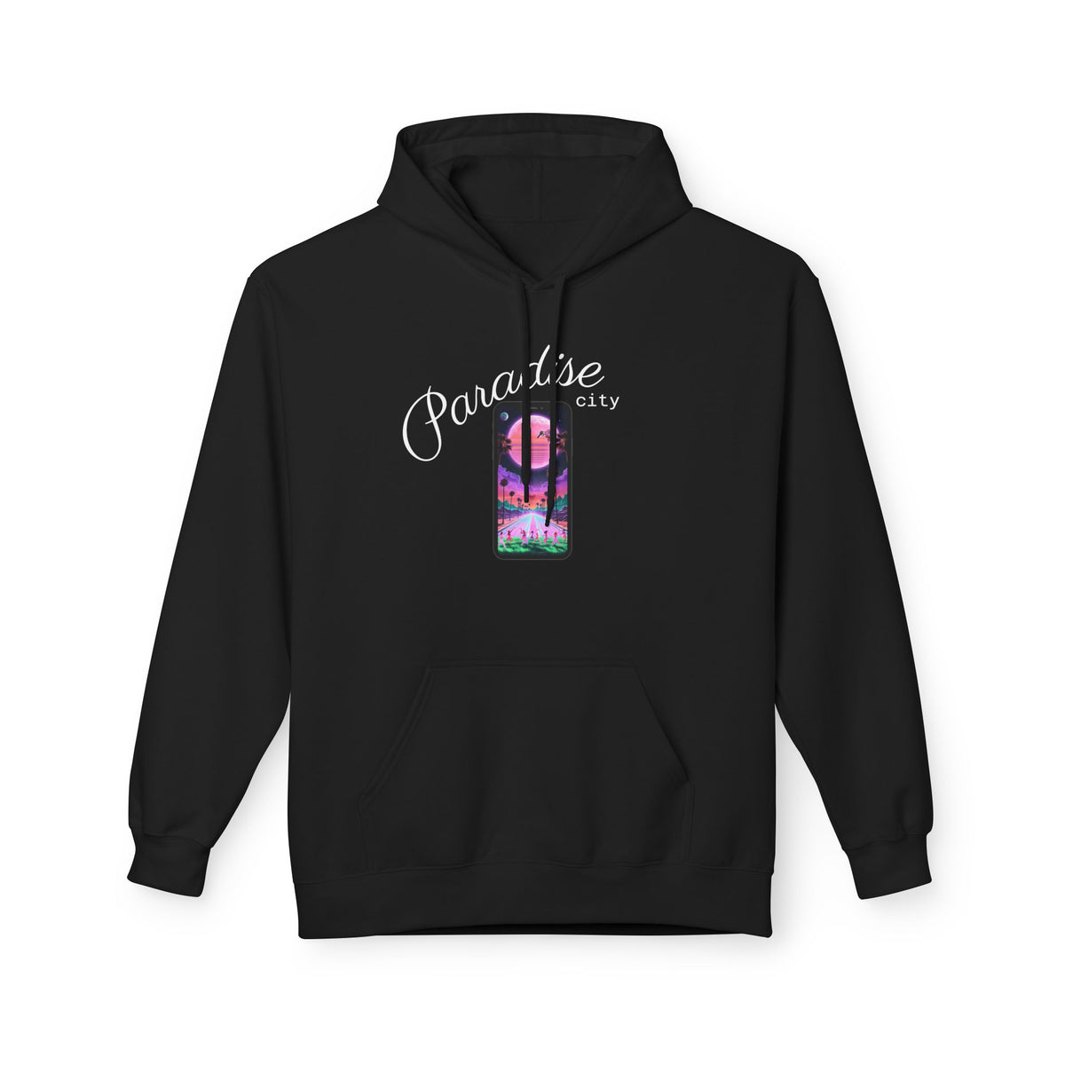 Black pullover hoodie with chest graphic, hood, and front pocket