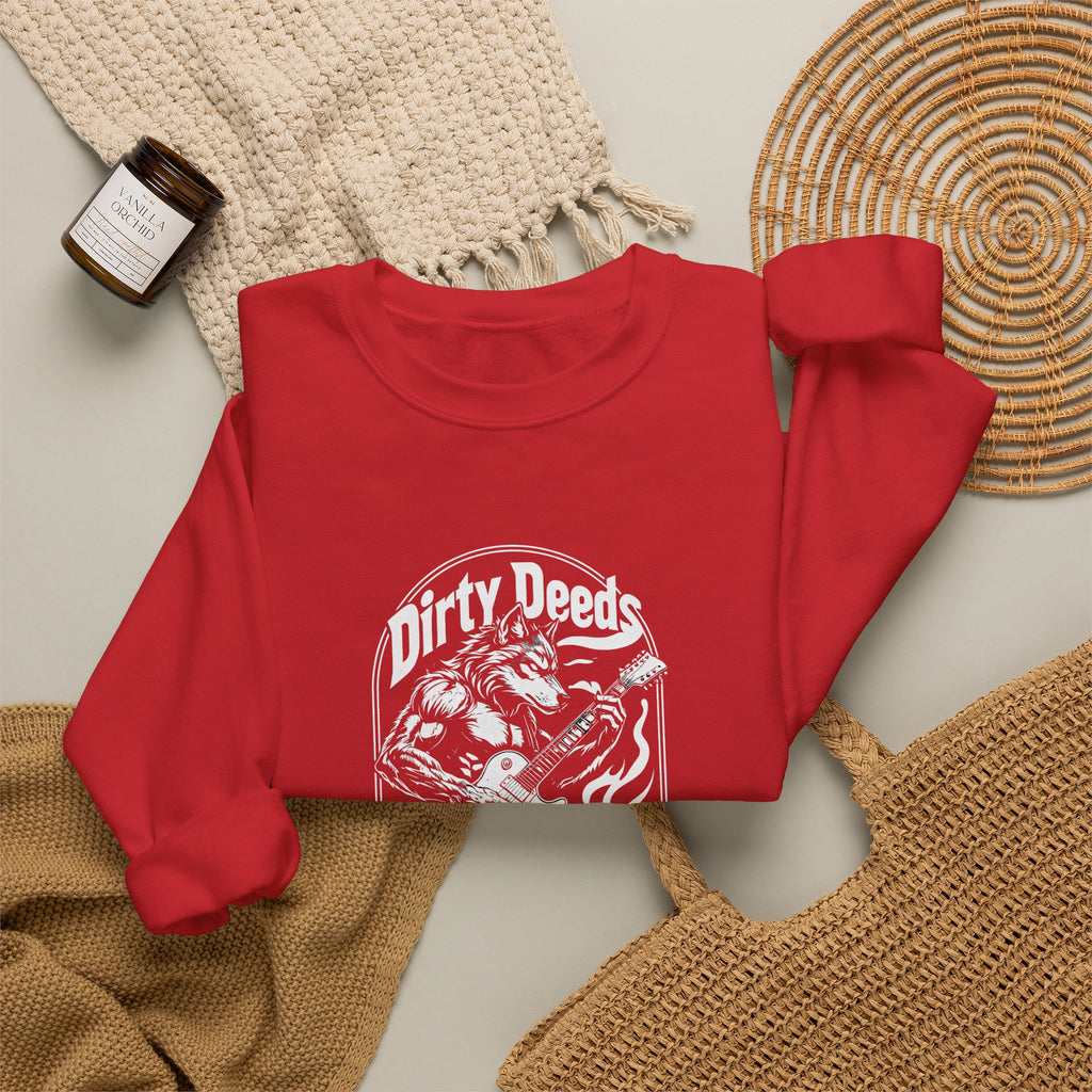 Crewneck Sweatshirt — 'Dirty Deeds Done Dirt Cheap' Retro Skull Graphic