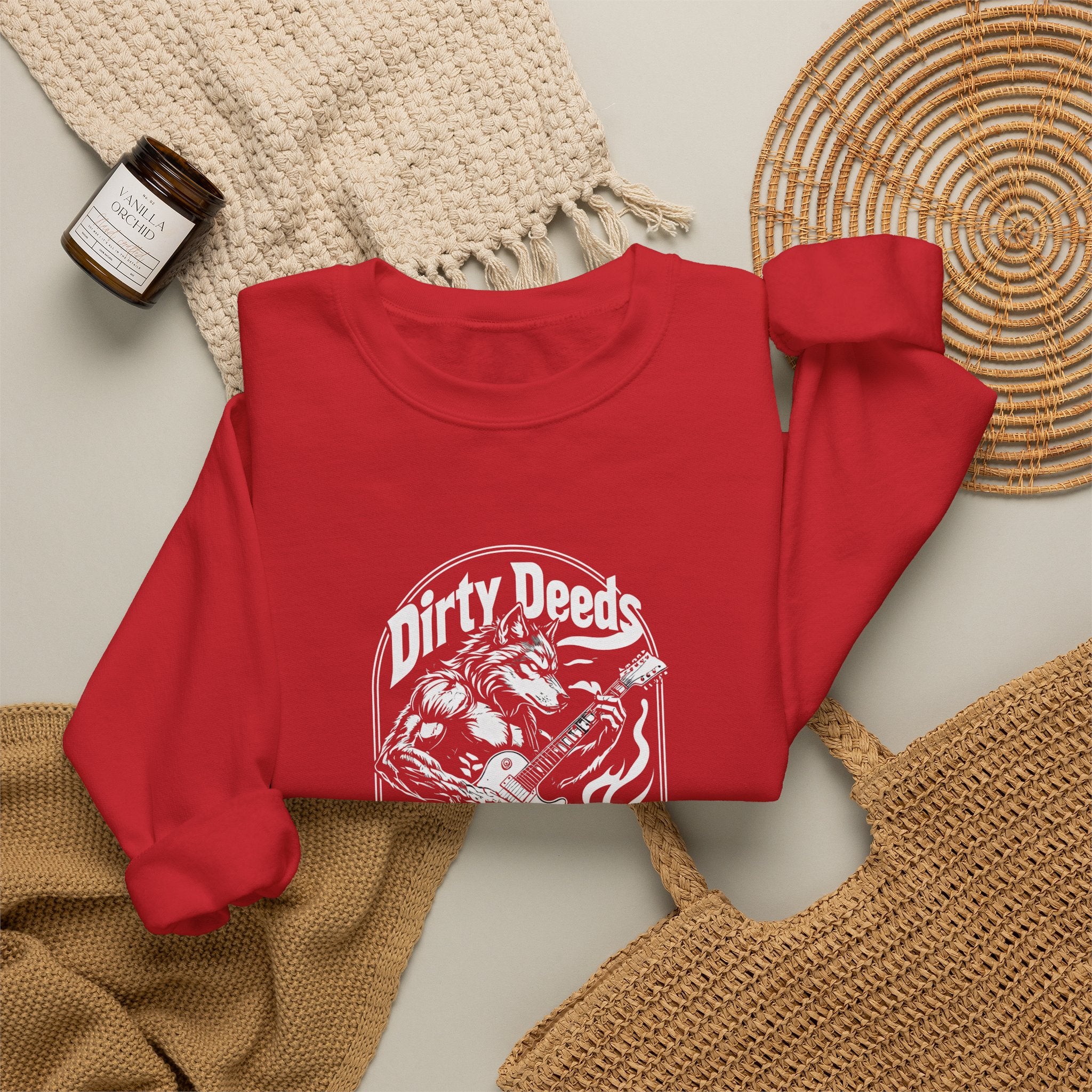 Crewneck Sweatshirt — 'Dirty Deeds Done Dirt Cheap' Retro Skull Graphic
