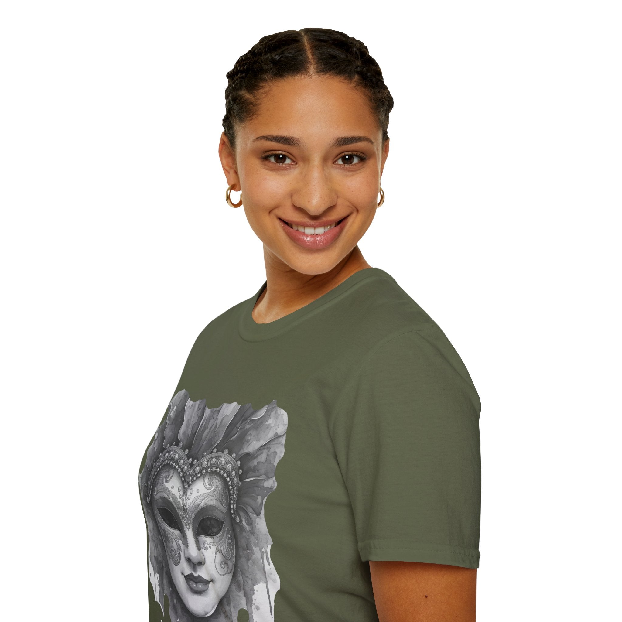Olive green crew-neck T-shirt with side view and front masquerade mask graphic