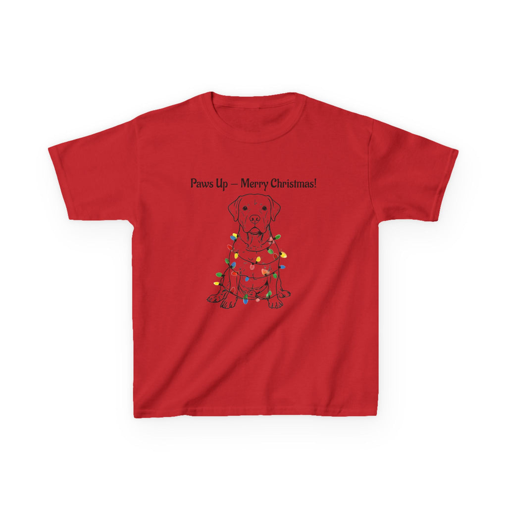 Kids red tee with dog in Christmas lights graphic, crew neck.