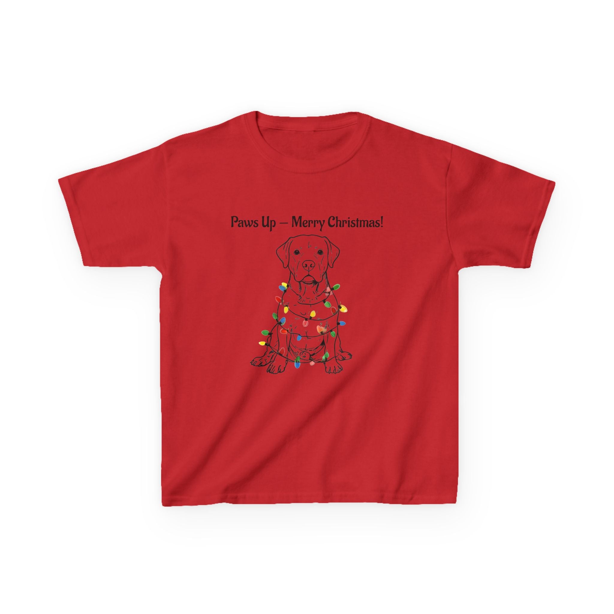 Kids red tee with dog in Christmas lights graphic, crew neck.