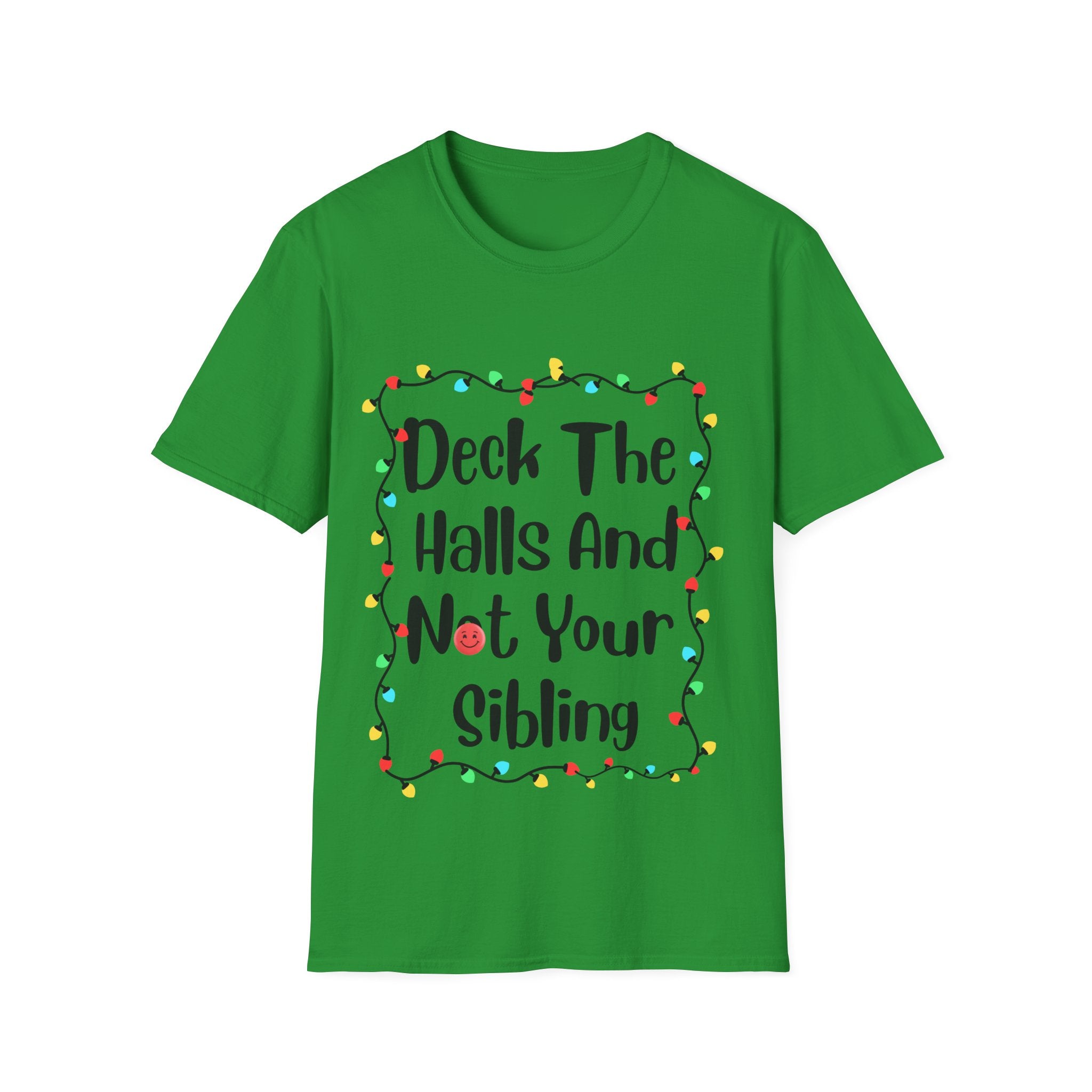 Green crew-neck T-shirt with festive lights graphic, flat lay