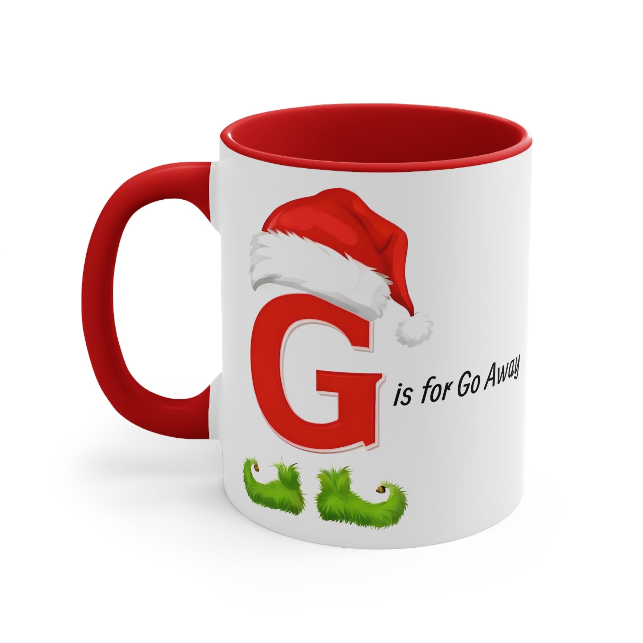 White Christmas letter G mug with red handle; red Santa hat and “is for Go Away” lettering