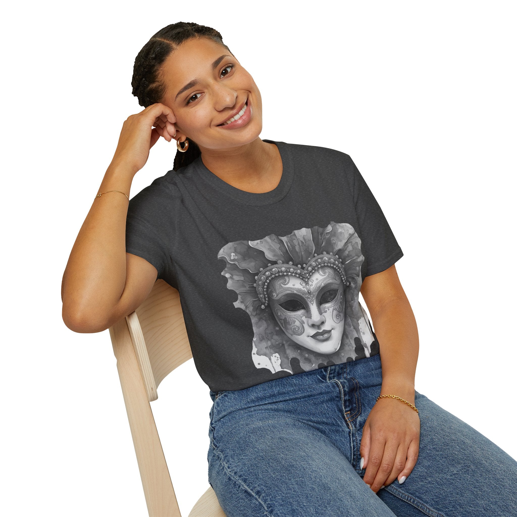 Charcoal face T-shirt with watercolor masquerade mask graphic on chest